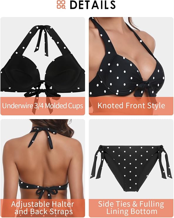 Women's Two Piece Bikini Sets Push Up Halter Bikini Bathing Suit | 3/4 Molded Cups, Underwire Bikini, Adjustable 2 Piece Swimsuit, Wide Halter Straps, Tie Sides, Low Rise, Moderate Coverage