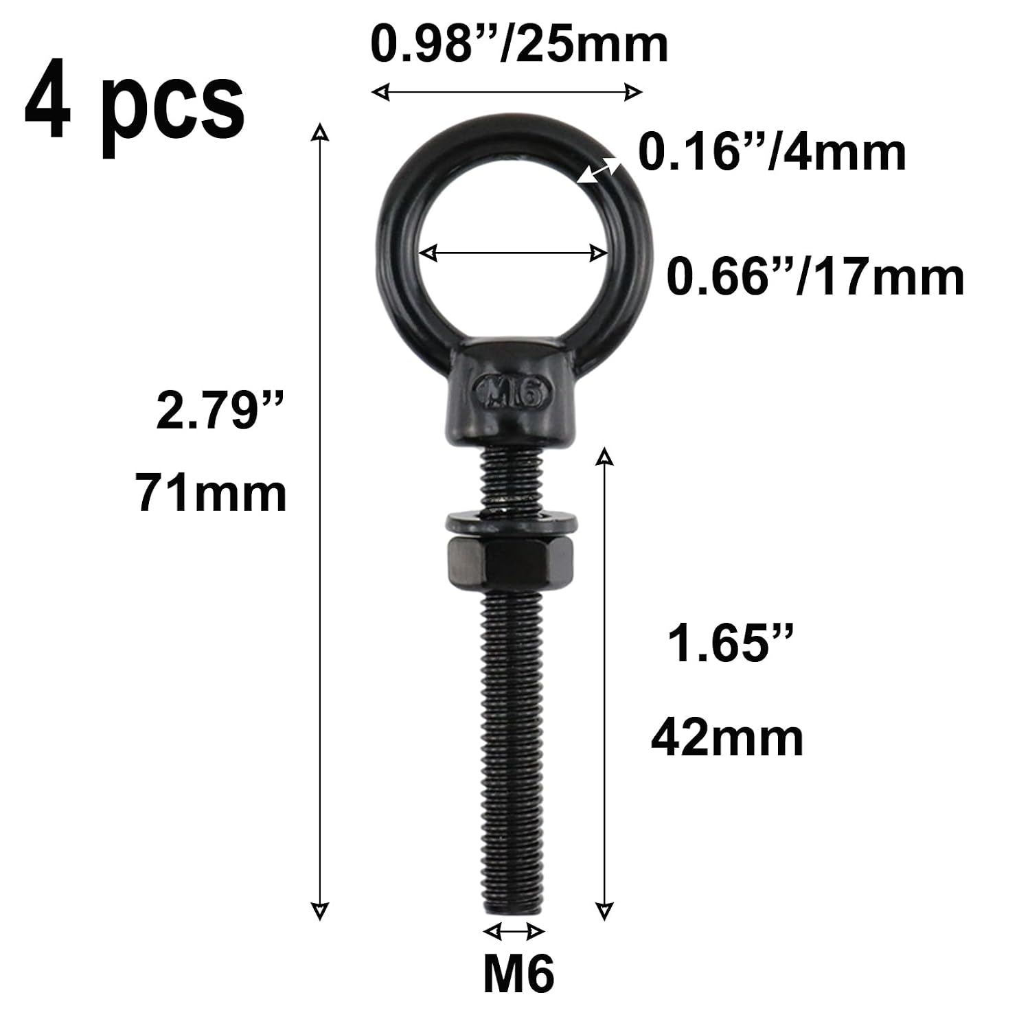Semetall Lifting Shoulder Eye Bolts Black 304 Stainless Steel (M6,4 Pack)