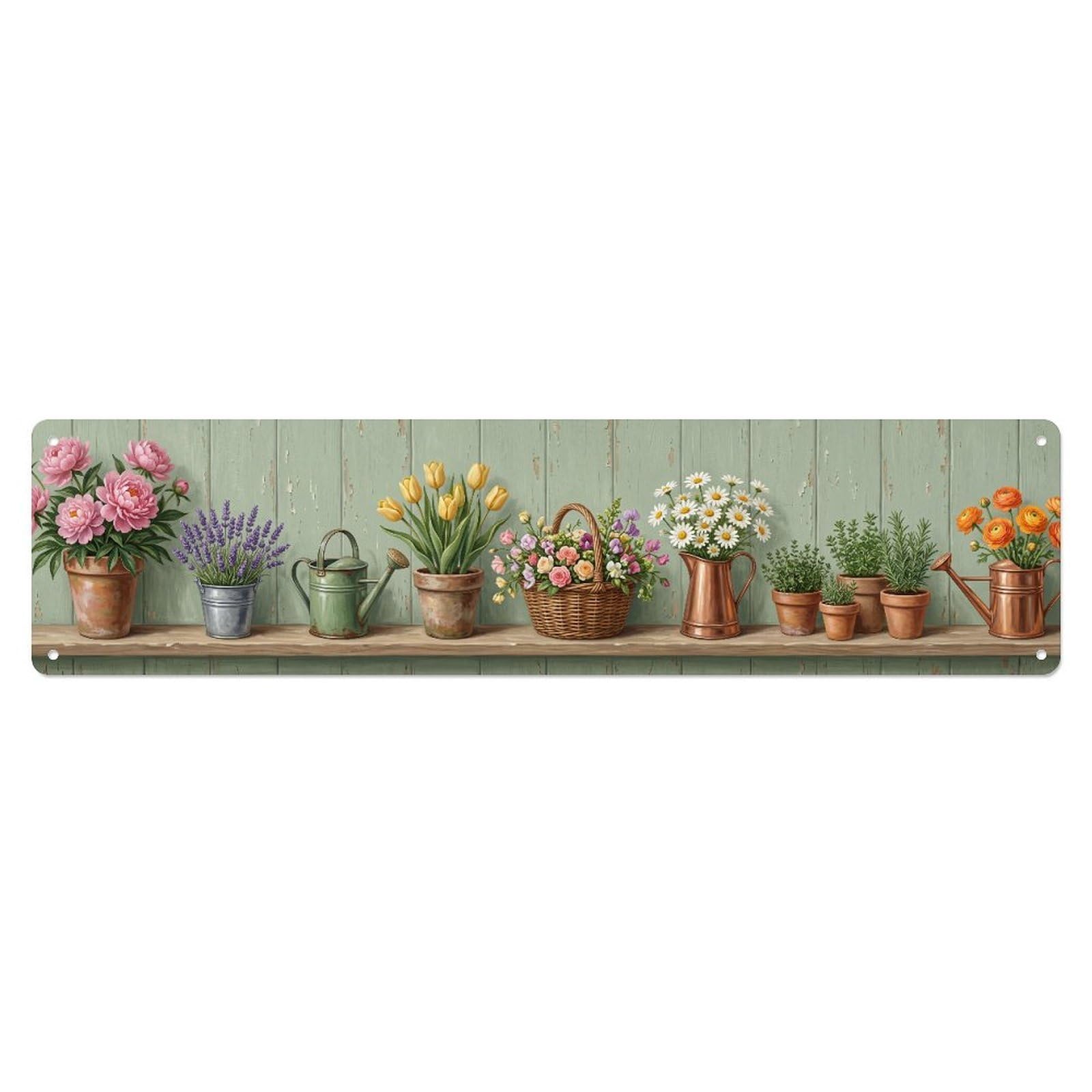 Fqnyr Style Metal Tin Sign Floral Garden Tools Spring Cottage Pattern Print