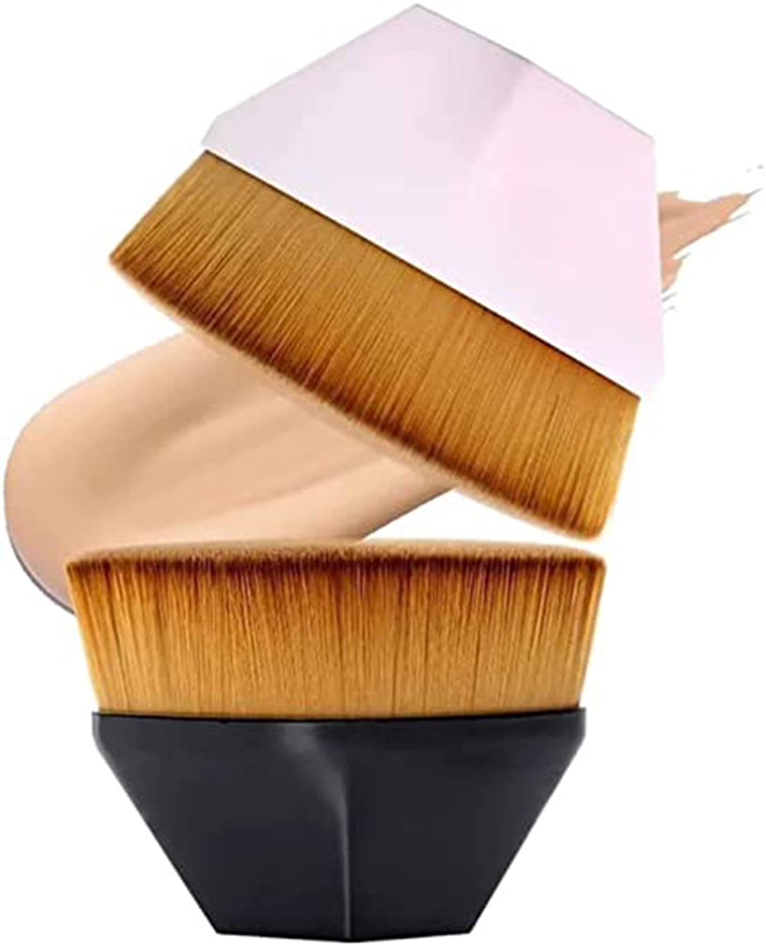 DELFINO Foundation Makeup Brush Flat Top Kabuki Hexagon Face Blush Liquid Powder Foundation Brush for Blending Liquid, Cream or Flawless Powder Cosmetics with Bonus Protective Case (Black), 2 Pcs