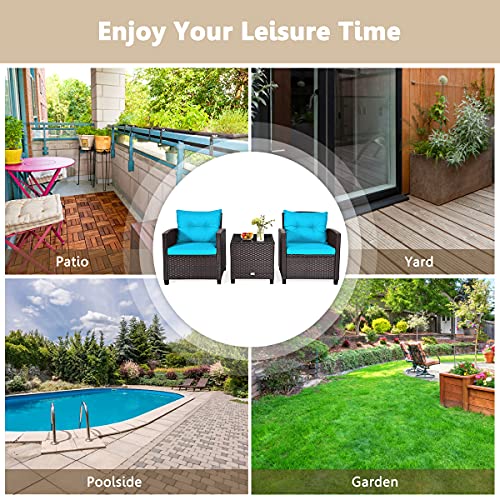 KOTEK 3 Piece Patio Furniture Set, Outdoor Conversation Set with Washable Cushions & Tempered Glass Tabletop, PE Rattan Wicker Bistro Set for Porch, Garden, Balcony (Turquoise) - Image 8