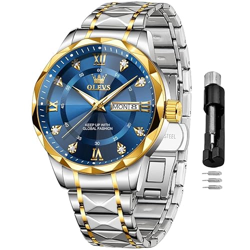 OLEVS Watches for Men Diamond Date Day Calendar Blue Wrist Watches Quartz Analog Business Stainless Steel Two Tone Waterproof Luminous Men Watch