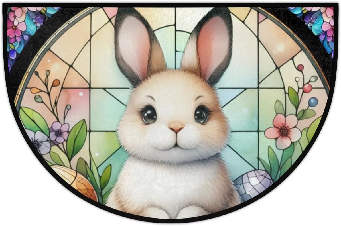 Half Round Door Mat Easte Rrabbit Egg Glass Painting Non-Slip Semi Circle Area Rug Washable Semi Circle Floor Rug for Indoor Outdoor Living Room Bathroom Kitchen Patio Hearth Rugs Home Decoration