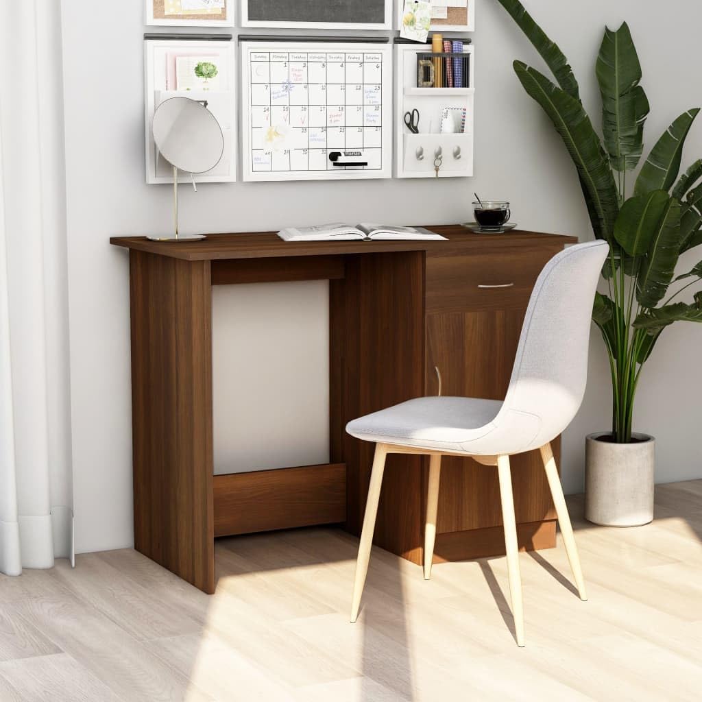 Scrivania marrone effetto rovere, 100 x 50 x 76 cm, con cassetto e porta, per ufficio, casa e ufficio, postazione di lavoro salvaspazio, per laptop e PC