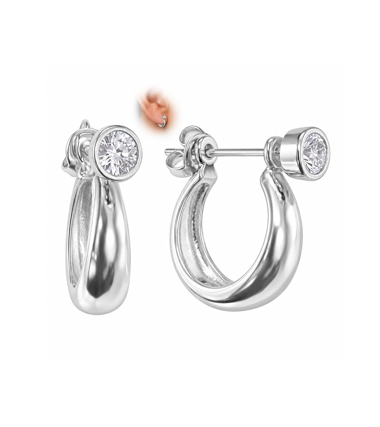 vama FASHIONS 18K Silver Plated CZ Stone Studded Hoop Earrings Anti Tarnish Lightweight Thick Huggie Push Back Chunky Round Kaju Bali Ear Piercings For Men & Boys-picture-12