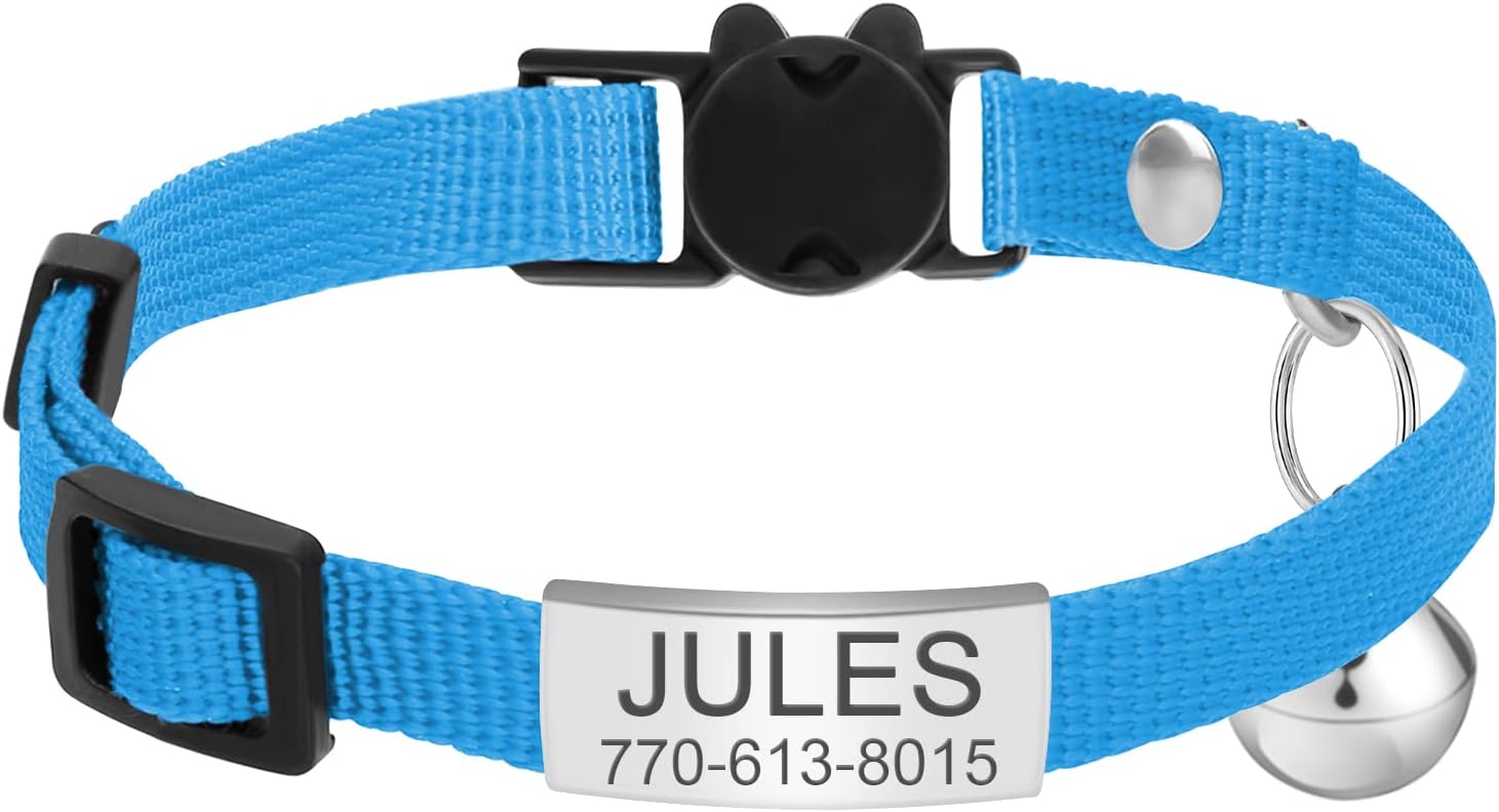 Jiquan Personalized Cat Collar, Breakaway Kitten Collars with Name Tag, Engraved No Noise Slide-On Identification Tags, Anti-Lost Nameplate Cat Collar for Girls & Boys(XS Blue)
