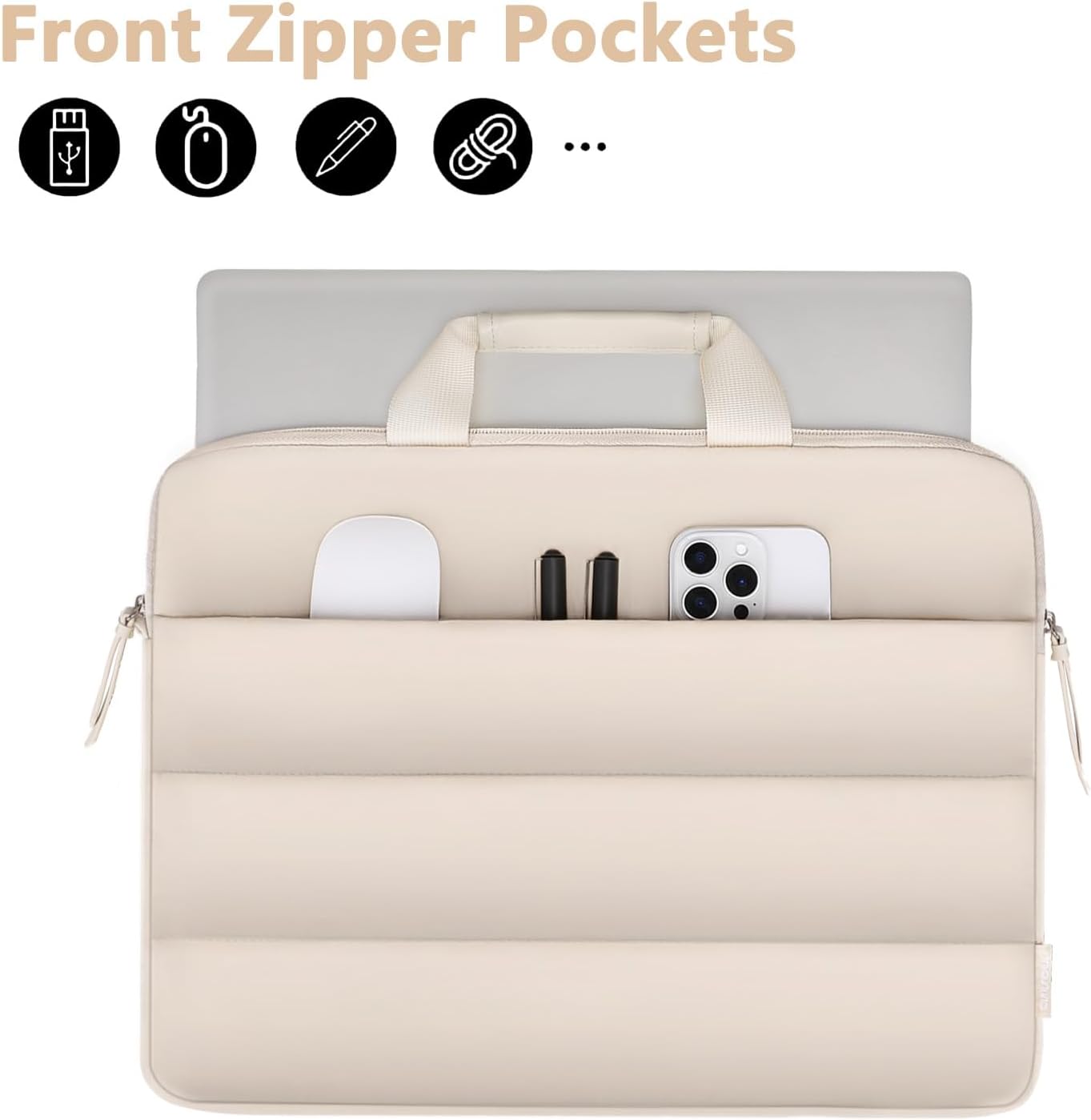 MOSISO 360 Protective Puffy Laptop Shoulder Bag,15-15.6 inch Computer Messenger Bag Compatible with MacBook Pro 16 inch, HP, Dell, Lenovo,Asus Notebook with Horizontal pocket&Small Case&Belt, Sand