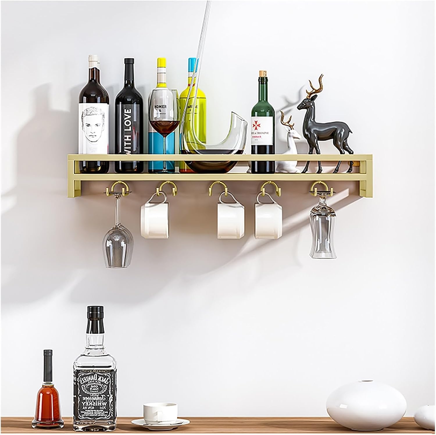 Wall Mounted Wine Rack,Wine Shelf Hanging Floating Wall Shelves,Wine Glass Bottle Rack Stemware Holder,Metal Wall Hanging Wine Holder Storage,for Living Room,Dining Room,Kitchen,Ba