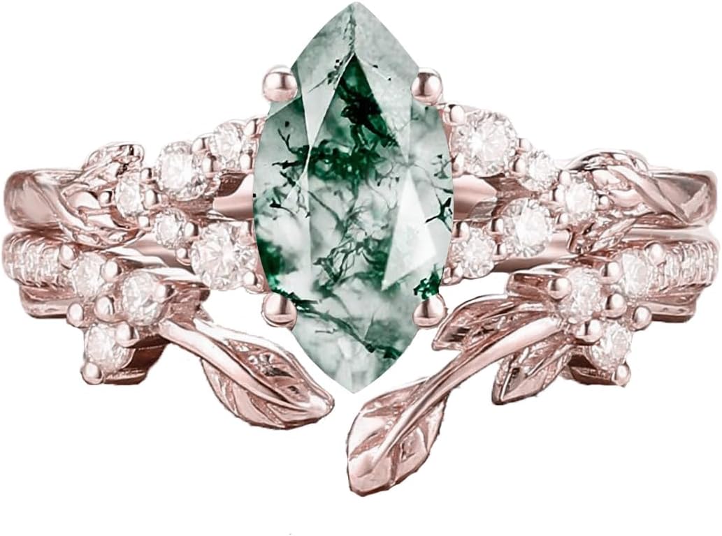 Natural Moss Agate Engagement Ring Set for Women, 925 Sterling Silver Pear/Heart/Oval Cut Moss Agate Moissanite Bridal Wedding Rings Set Inspired Leaf Bridal Rings Set for Her Free Engraved