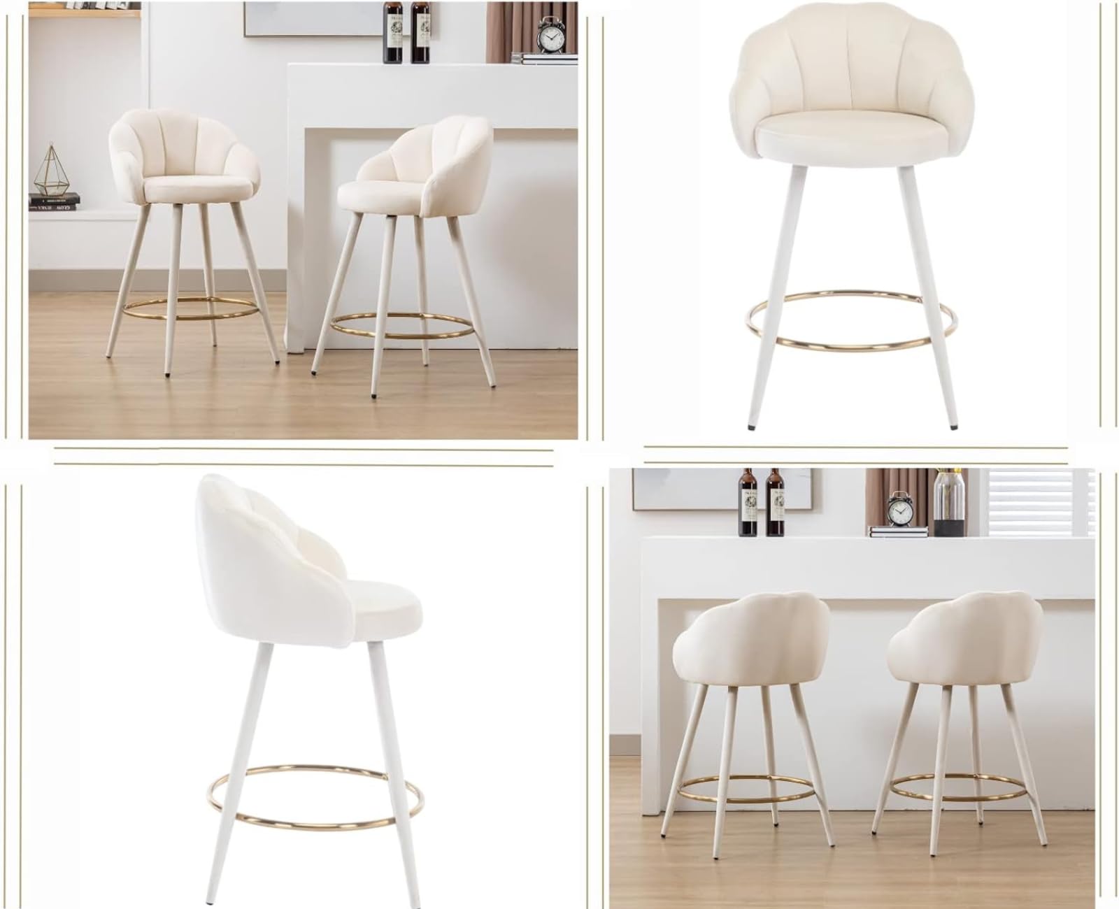 chairus Barstuhl 2er Set Samt Küchenhocker muschelform mit Lehne Beige | Modern Tresenhocker Gepolstert Barstuhl mit Metallbeine, Bistrohocker mit Fußstütze für Küche Hausbar Esszimmer