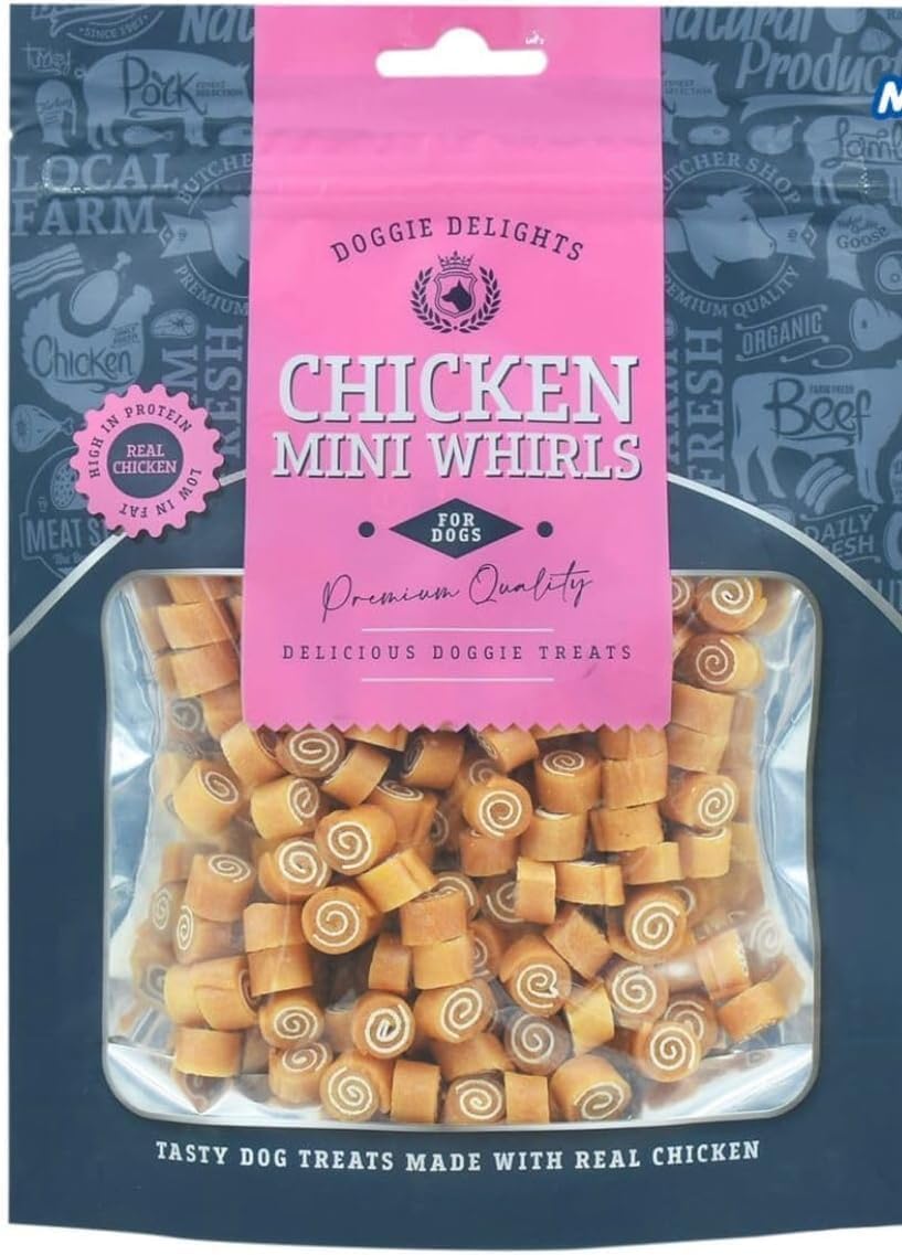 Doggie Delights Dog Treats Premium Quality Delicious Doggie Healthy Treats For Dogs Low in Fat Real High In Protein Pack Of 1 (Mini Chicken Whirls)