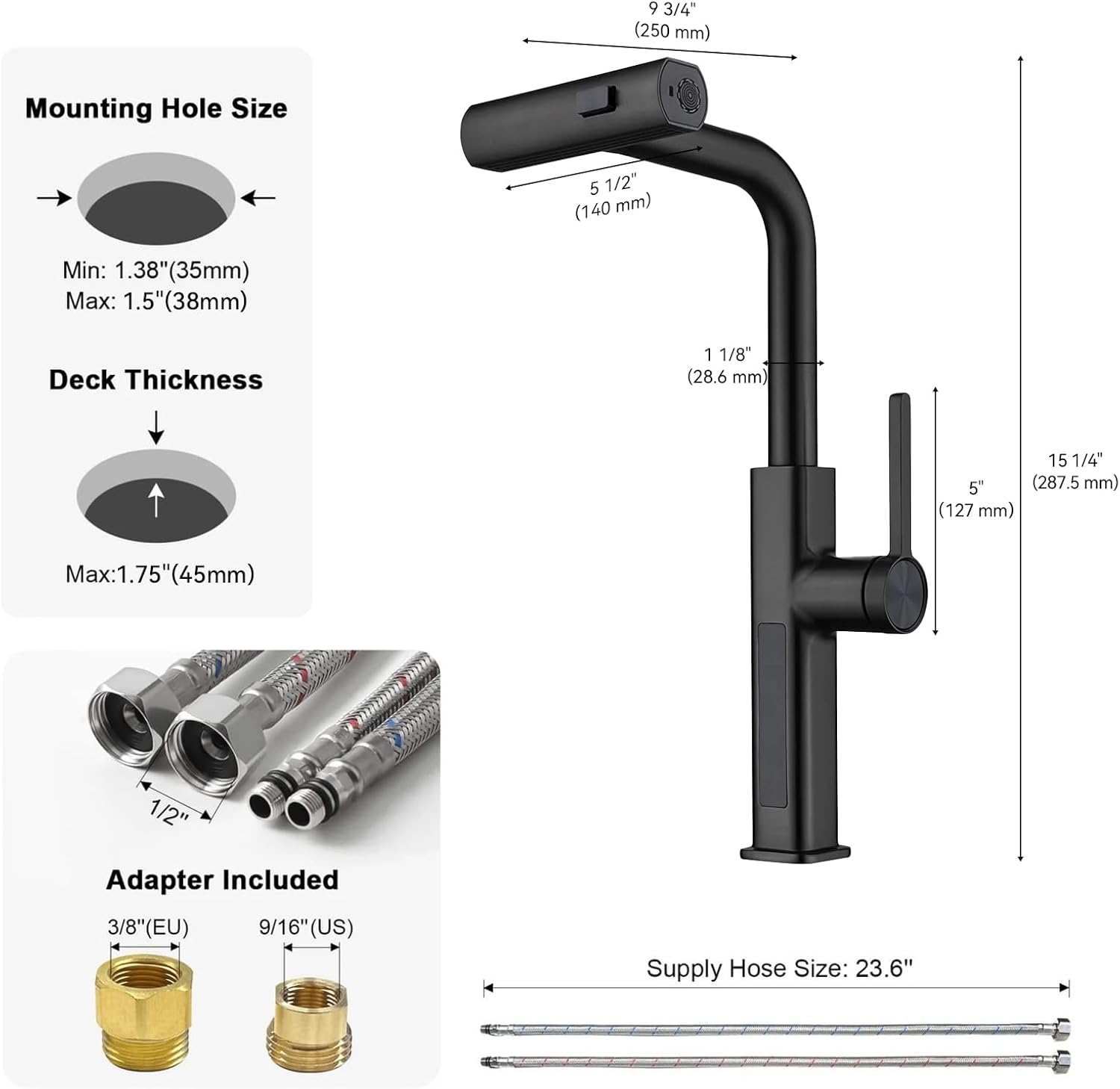 lefton pull-out waterfall kitchen faucet with temperature display, two water outlet modes, single hole, matte black, kf2209-3