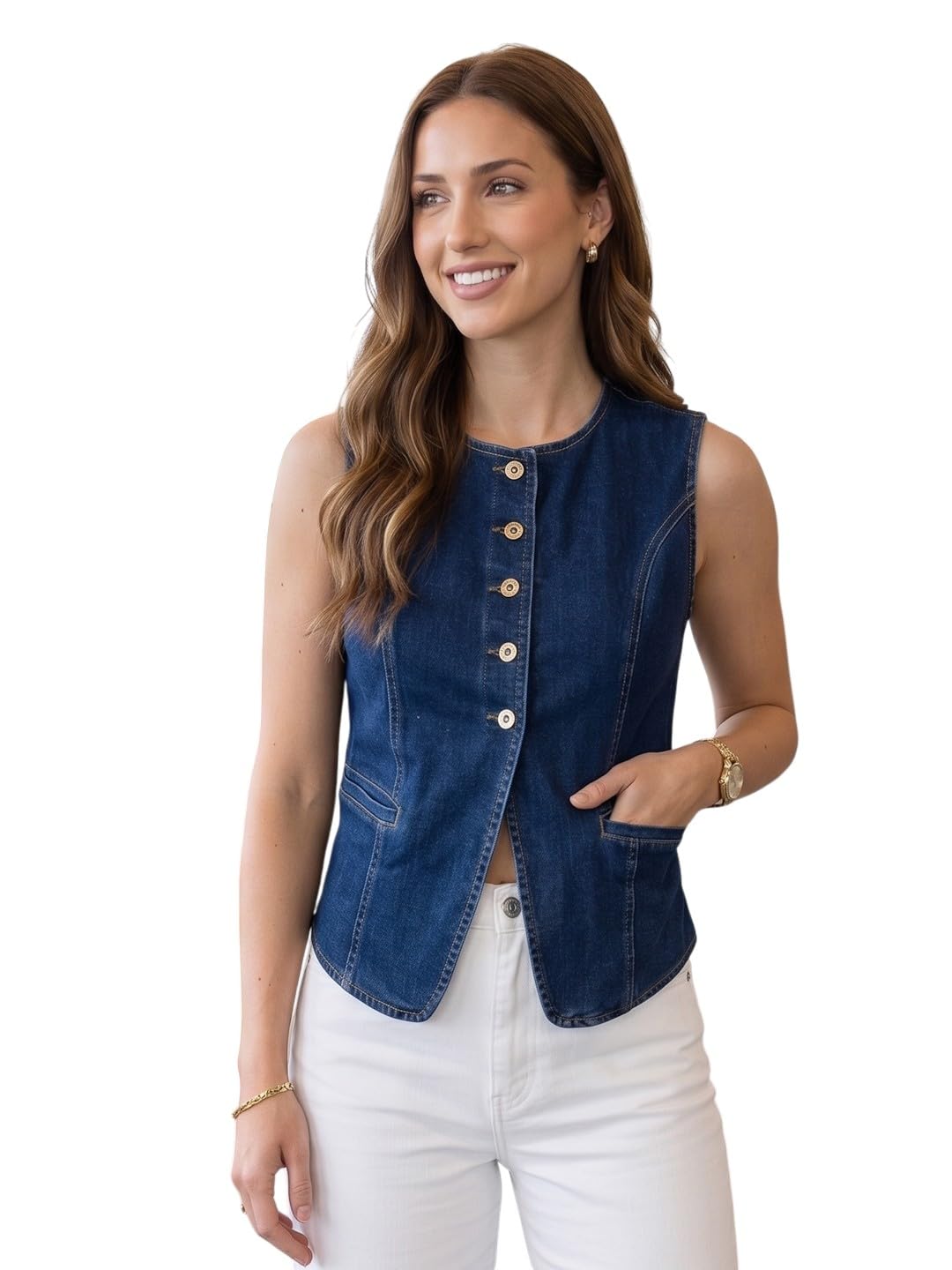 style quotient Women Dark Blue Round Neck Denim Waistcoat-picture-22