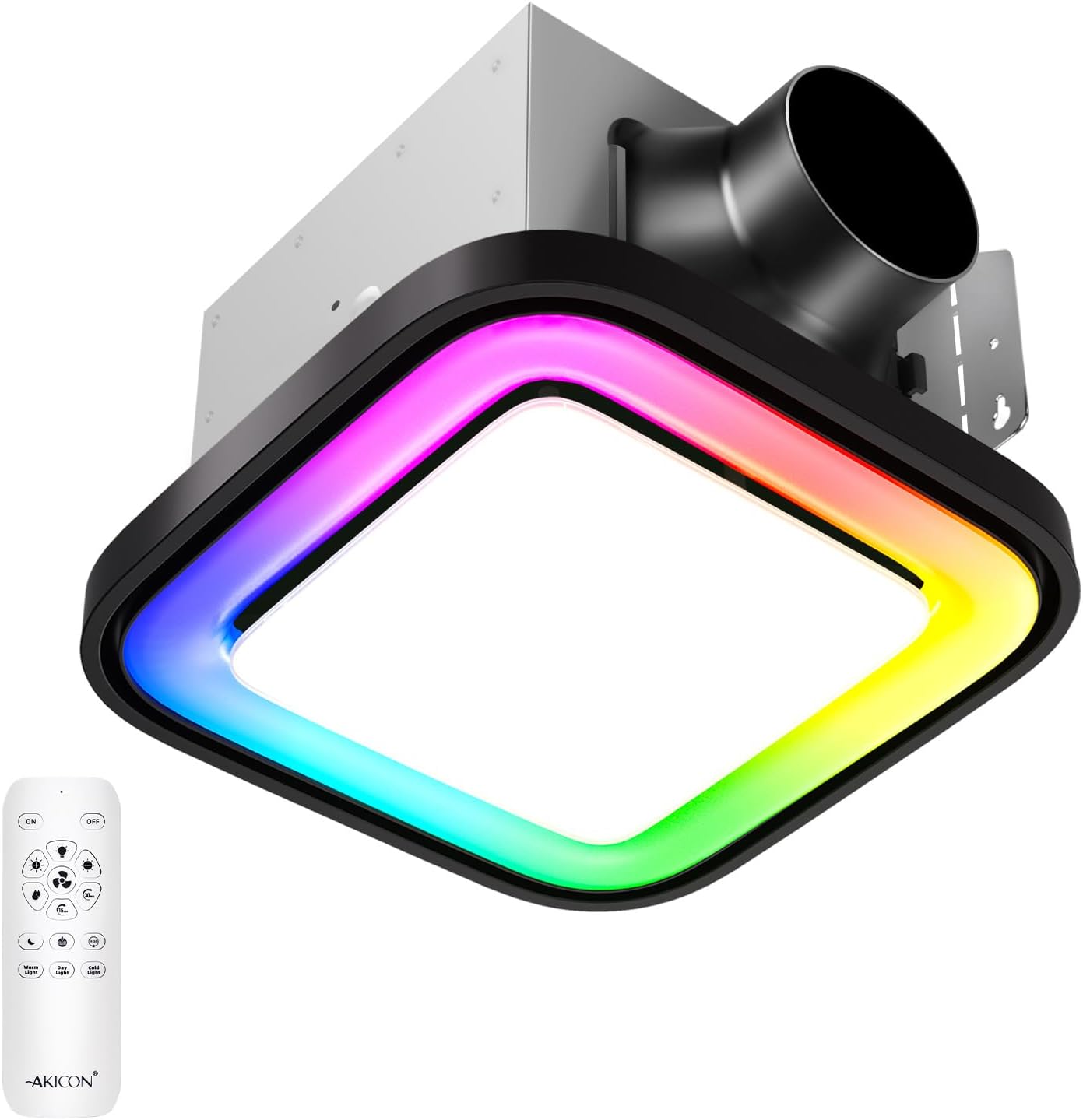 Akicon Bathroom Exhaust Fan with RGB LED Light, 110 CFM 1.5 Sone Ultra Quiet Bathroom Vent Fan for Ceiling, 3CCT Dimmable Light & Nightlight, Remote Control, Square (Black)
