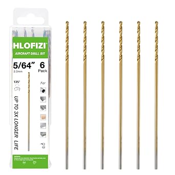 5/64 x 6 Inch Extra Long Drill Bits 6 Pack, Aircraft Drill Bit Titanium M2 High Speed Steel for Wood, Plastic, PVC, Thin Metal Sheet