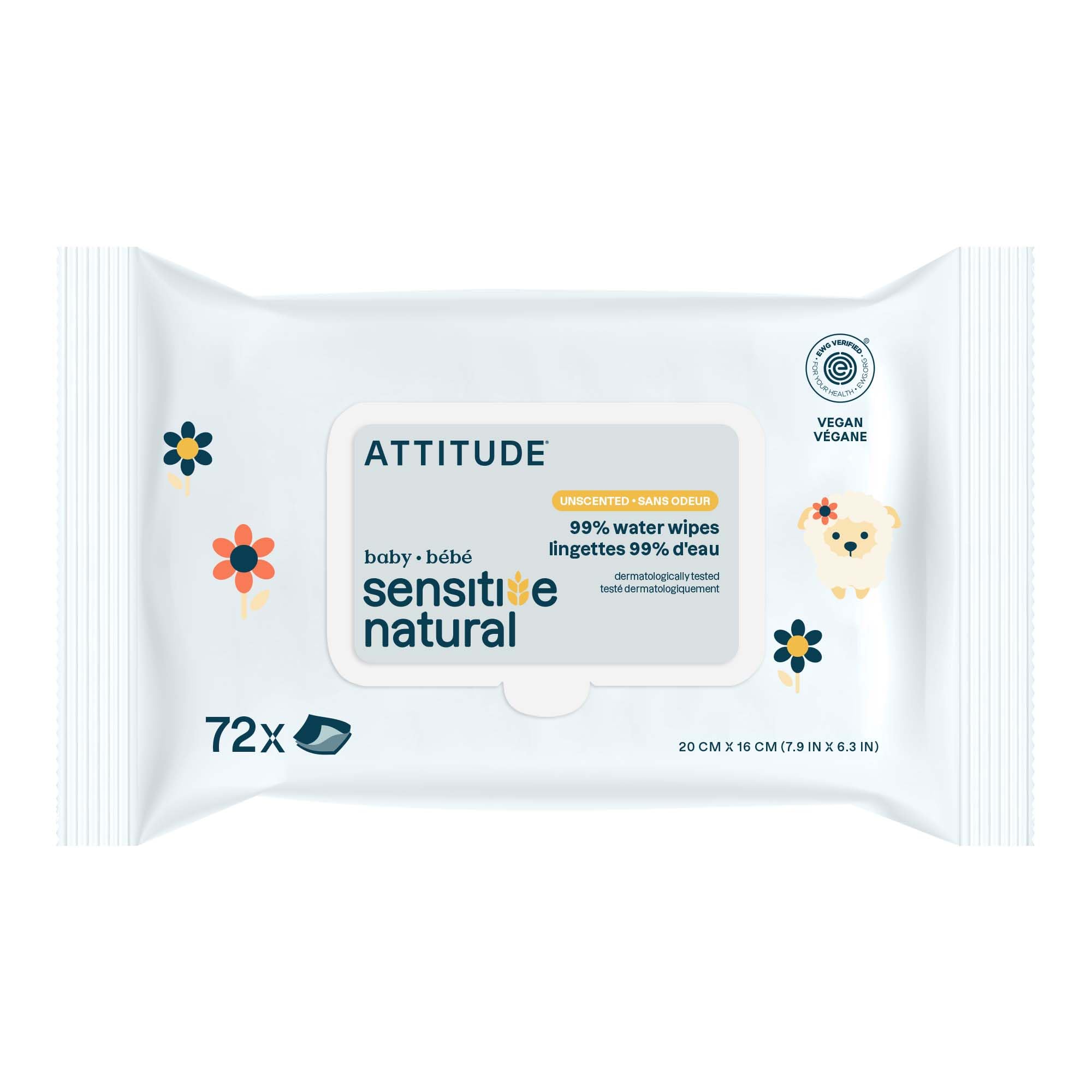 ATTITUDE Baby Wipes Unscented, For Sensitive Skin with Oat, Natural Origin, Dermatollogically Tested​, For Babies, Toddlers & Kids, Chamomile Extract,