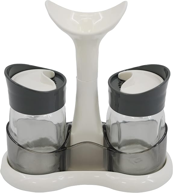 Salt and Pepper Shakers Set, 2pc Salt and Pepper Pots with Glass Body and Holder for Kitchen, Dining Table, Restaurants, BBQ