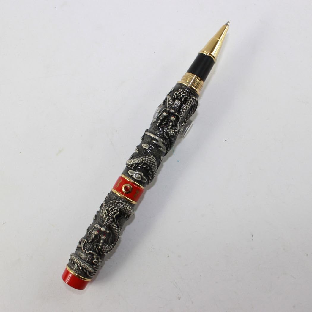 Gullor Noble Jinhao Antique Silver Double Dragon Rollerball Pen with Red