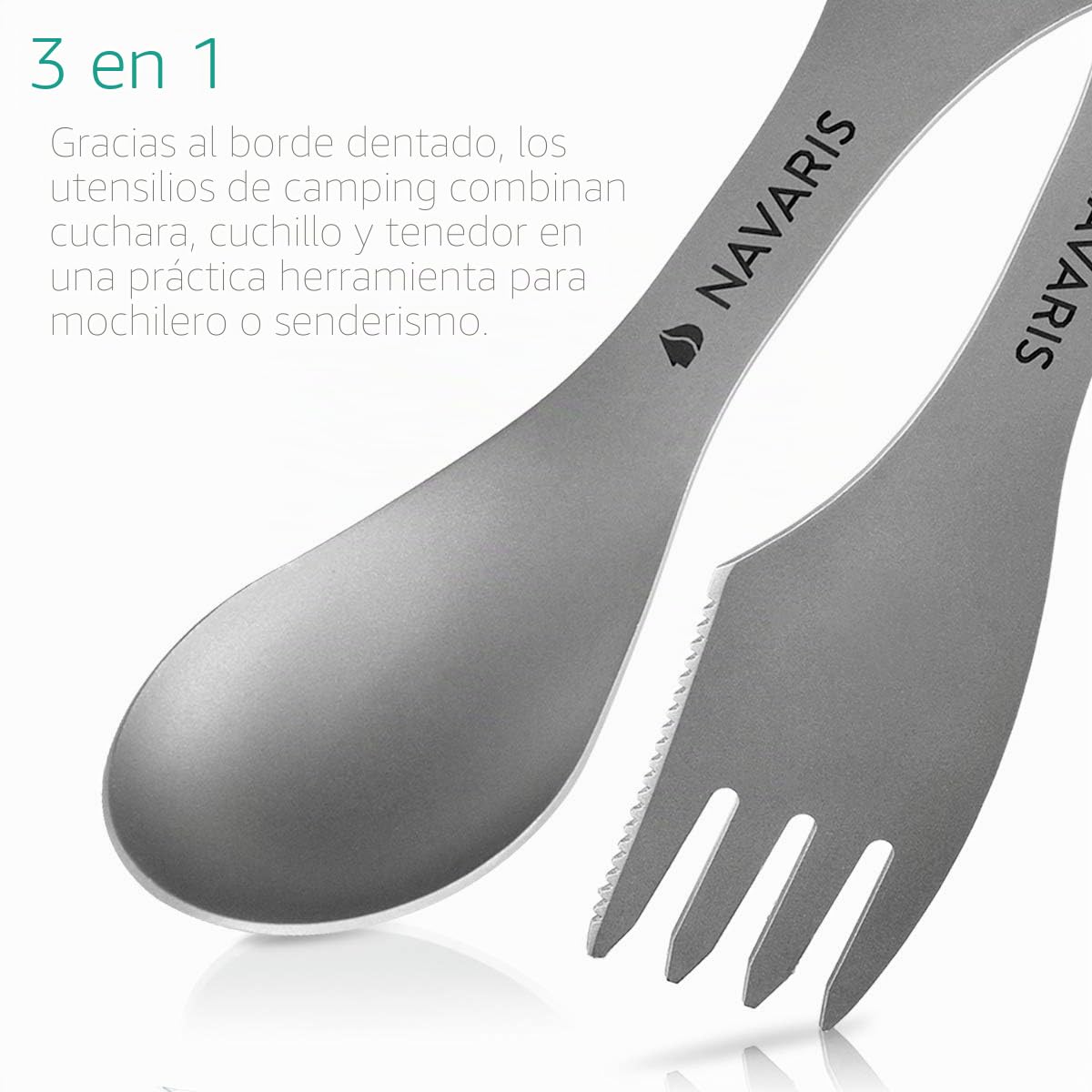 Navaris Set de 2 cubiertos de titanio 3en1 para camping - Tenedor cuchillo y cuchara para acampada picnic viaje excursión - Cubierto de metal