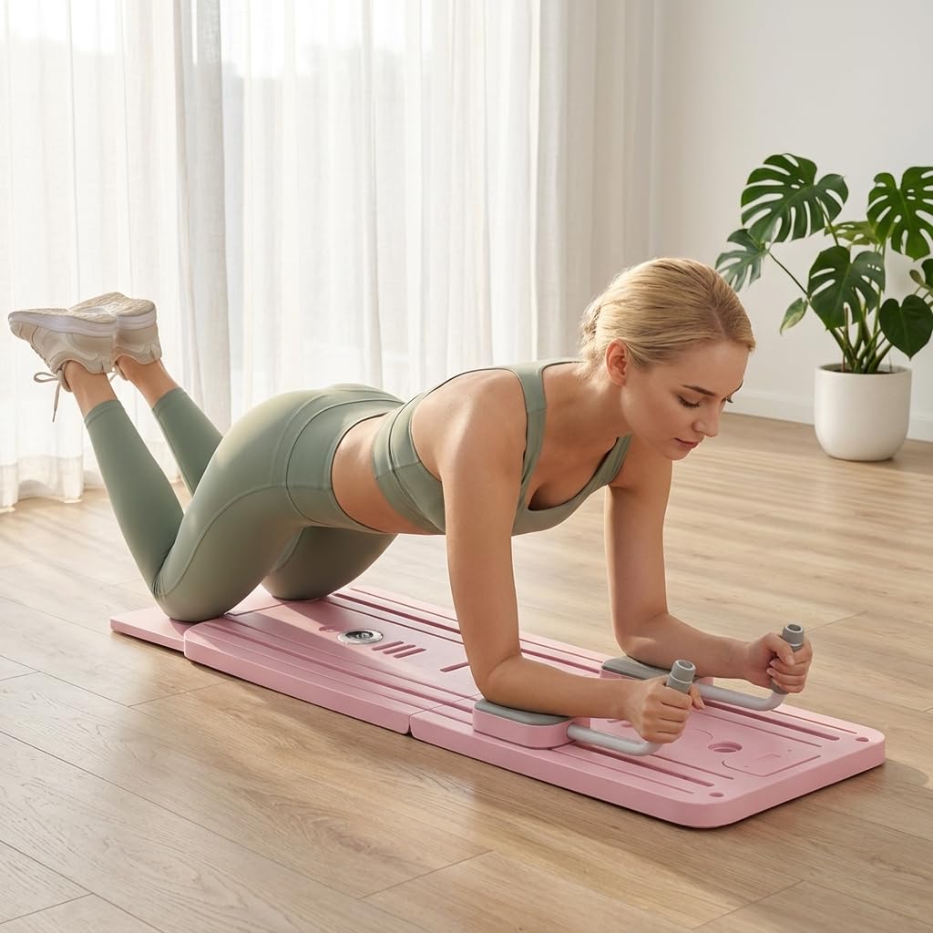 Pilates Board Set für zuhause - Faltbarer Reformer Pilates Maschine, Mini Pilates Reformer Board, Reformer für Pilates Premium - inkl. Timer, Widerstandsbänder, Griffe(New Version)