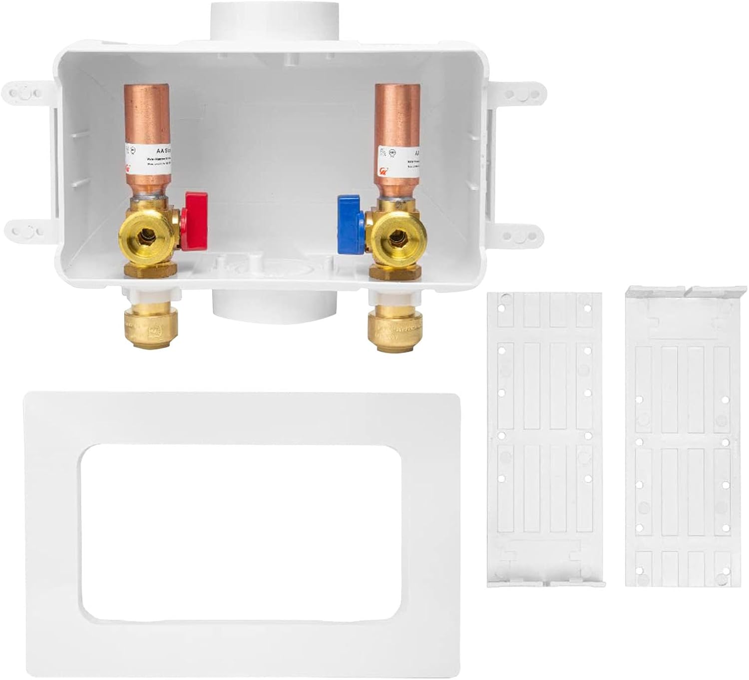Washing Machine Outlet Box, Center Drain, 1/2 Inch Push-Fit Inlet x 3/4 Inch MHT Outlet Connection, Laundry Washer Valve Outlet Box, with Copper Water Hammer Arrestor
