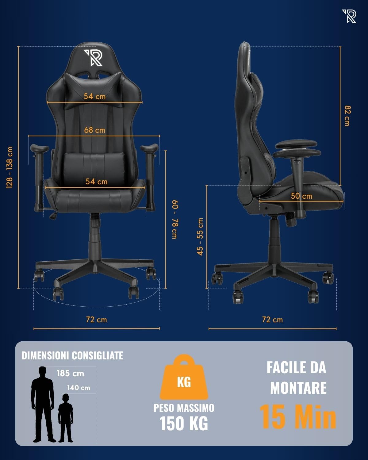 Felix Sedia Da Gaming Ergonomica Stile Racing Con Schienale Alto Per Persone Alte, Materiali Resistenti, Base In Nylon, Supporti Lombare E Cervicale Regolabili, Cuscini Inclusi, Nero