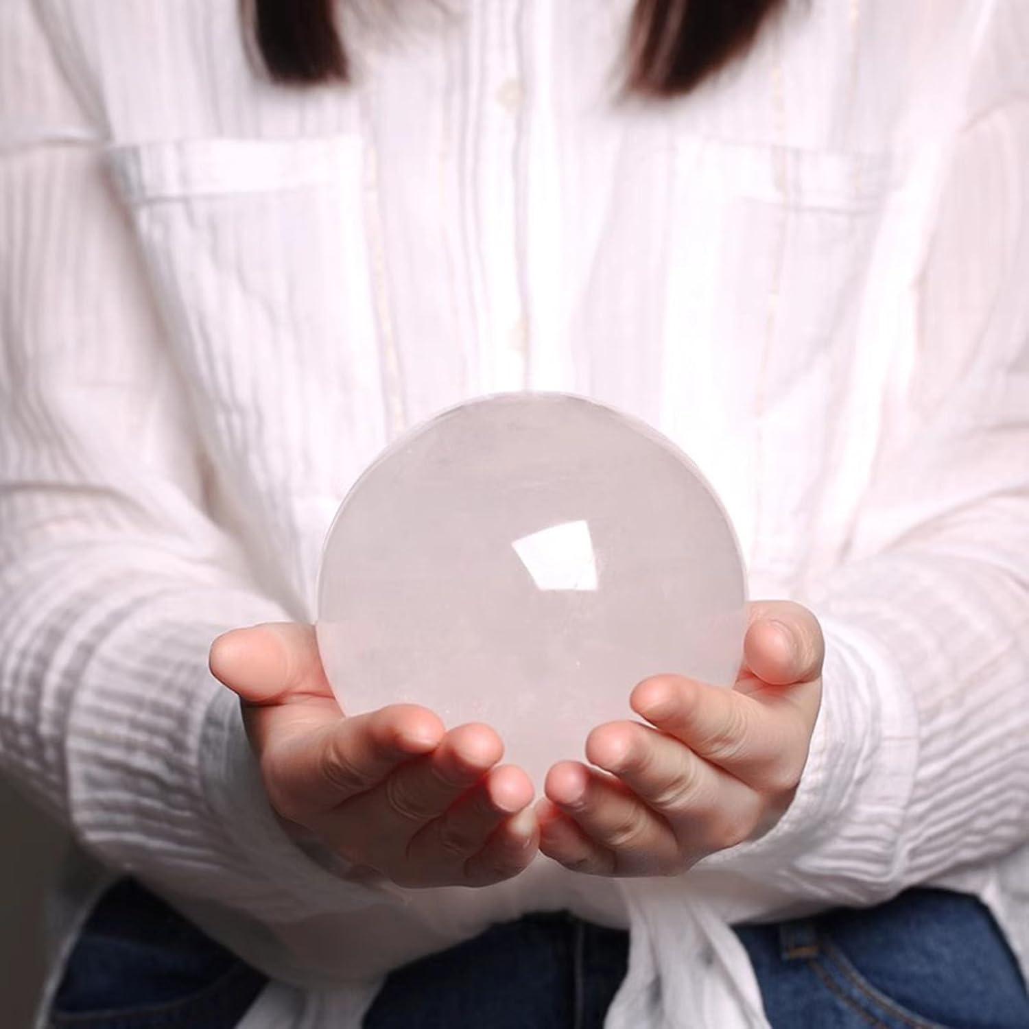 White Calcite Quartz Ball Quartz Sphere Crystal Ball with Wooden Base,Crystal Ball Ornament for Living Room Decor, Fountain Decoration,19cm/7.5in