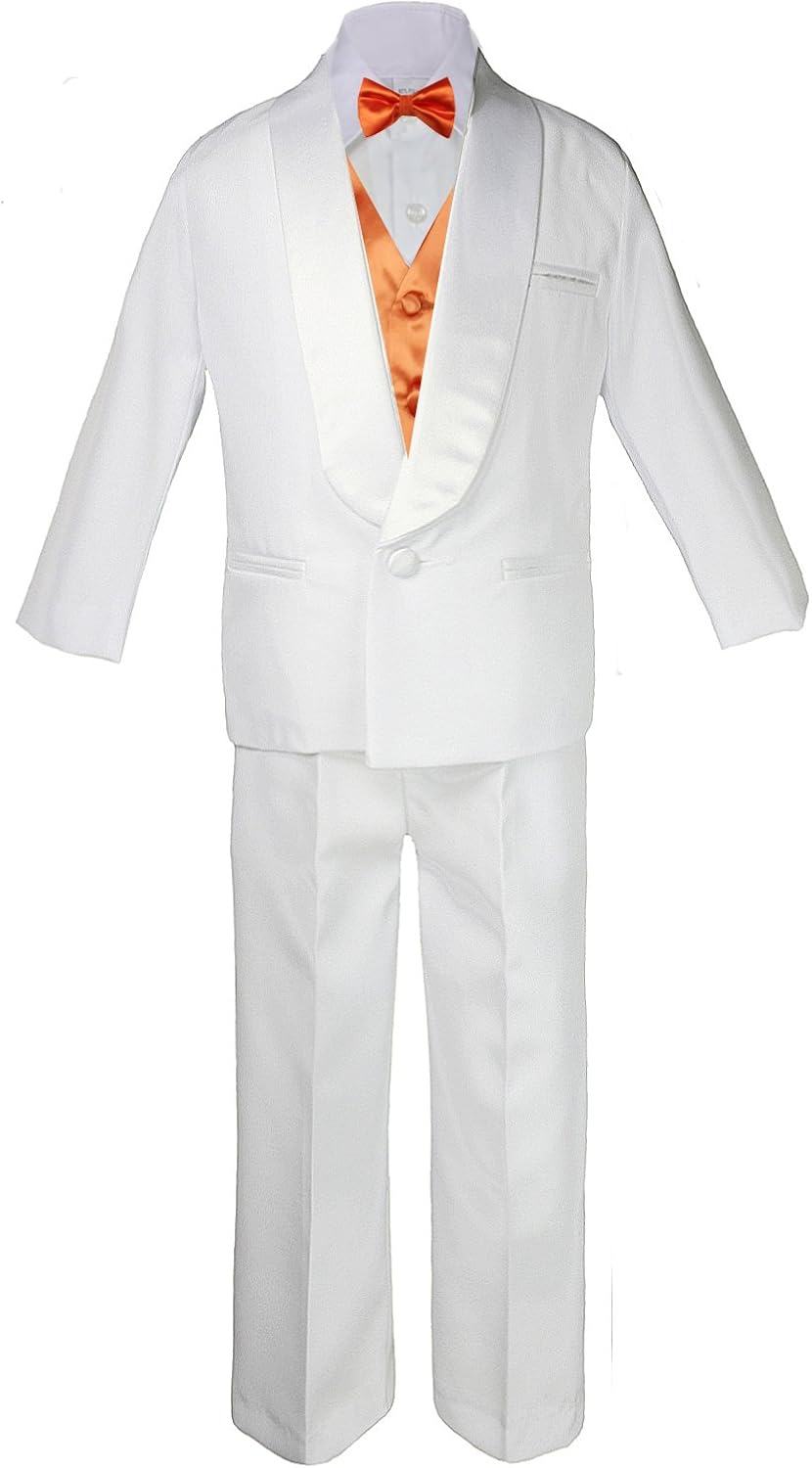 5-7pc Boy White Satin Shawl Lapel Suits Tuxedo Orange Bow Necktie Vest Sm-20