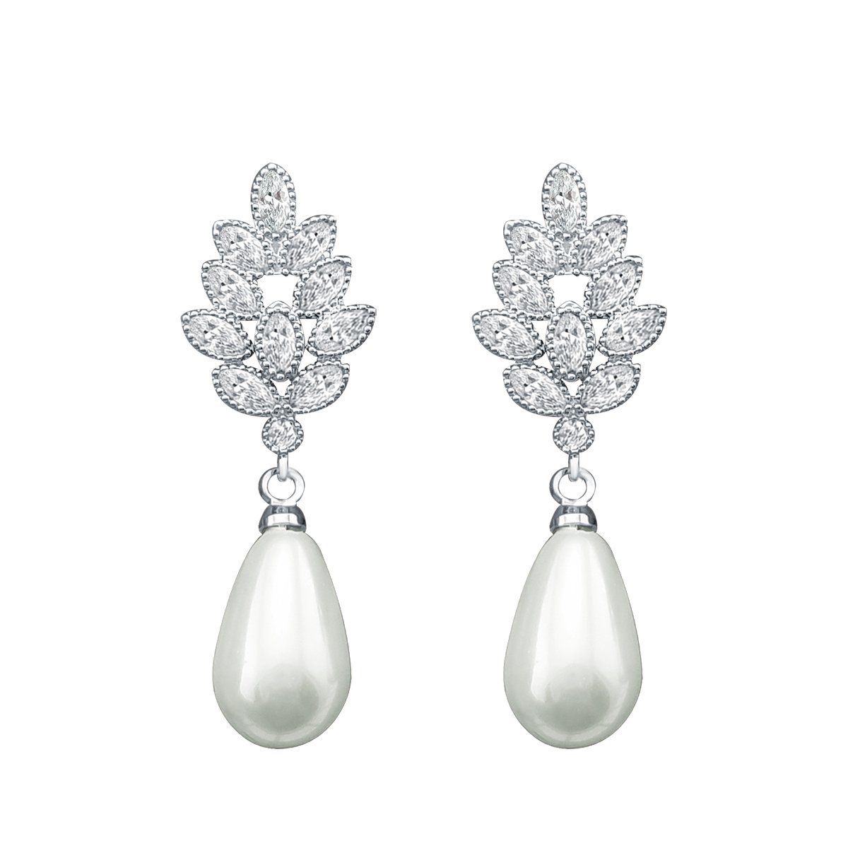 QUKEWomen Leaf shape Cubic Zirconia Crystal Simulated Pearl Dangle Bridal Clip On Non Pierced Earring Lady Jewellery