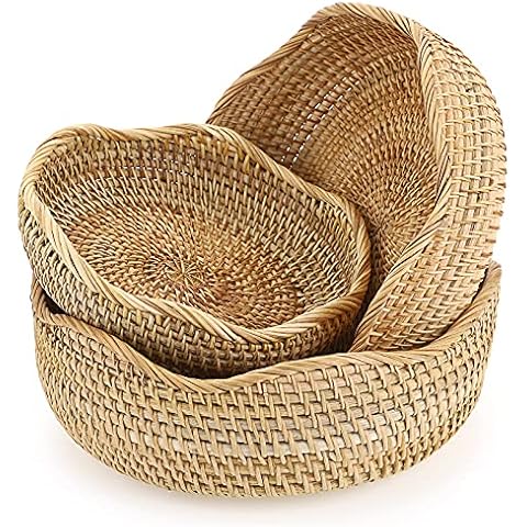 Sumnacon Set mit 3 runden Obstkörben aus Rattan, gewebt, Brot, Servierkörbe, Snack-Aufbewahrungsschalen, Tisch, Schreibtisch, Arbeitsplatte, dekorative Aufbewahrungskörbe (gewellter Rand) Cover
