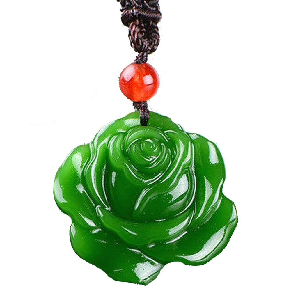 Collier en jade vert naturel sculpté main avec une rose élégante