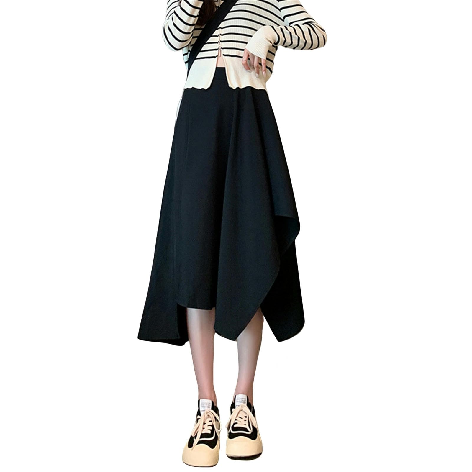 Gonna Midi Donna Primavera E Autunno Gonna Mezza Lunghezza Donna Vita Alta Slim Fit Gonna A Pieghe Irregolare Gonna Media Lunghezza-Nero-XL
