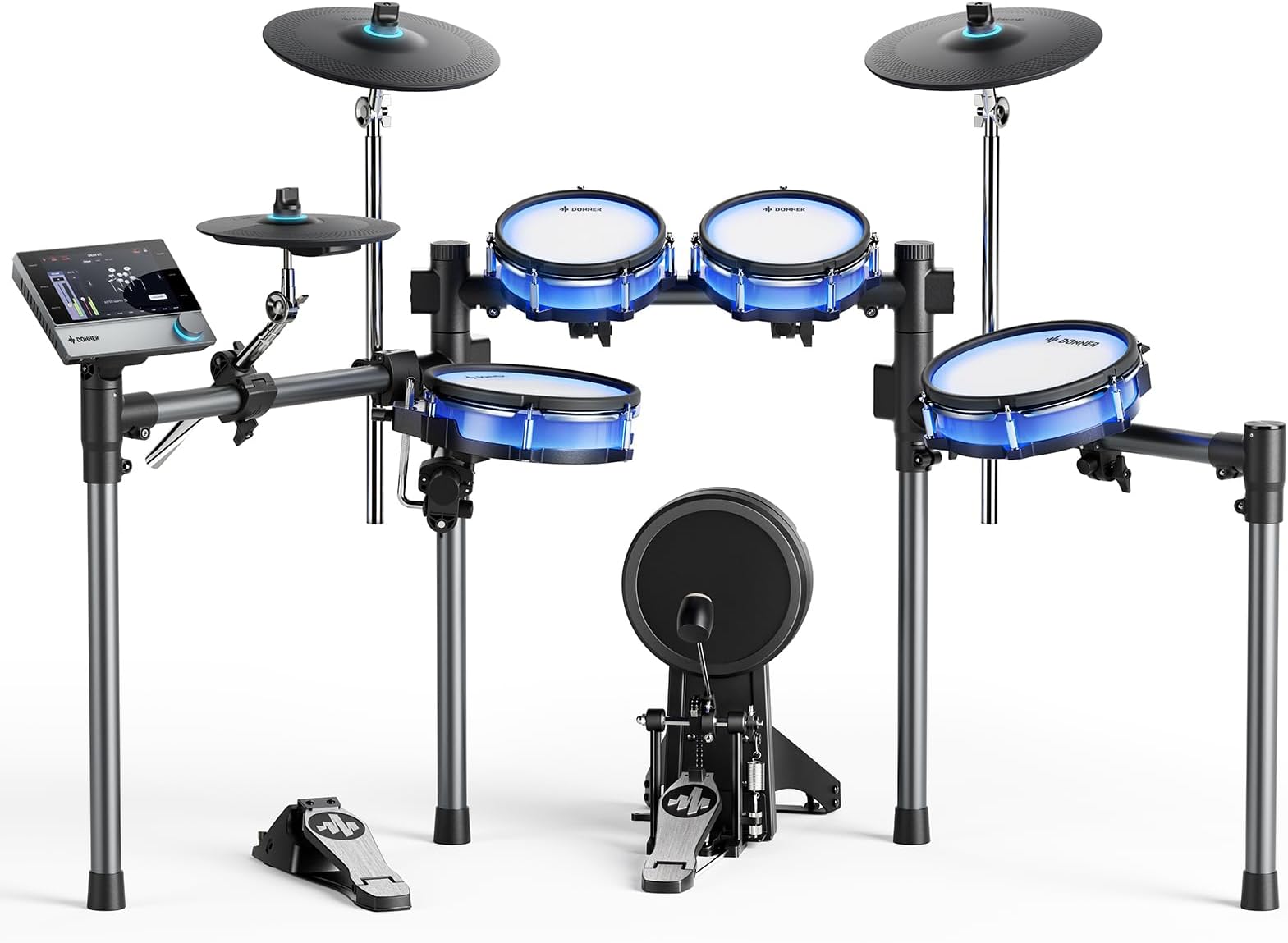 DonnerBackBeat Electric Drum Set with High-Tech 7-inch Touchscreen, 1126 Sounds, Customize Drum Pad Colors, Internal Rack Wiring, and Gaming APP for Ultimate Fun