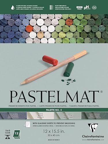 Clairefontaine Pastelmat - Bloc de notas encolado (12 x 15 34 pulgadas), 11.8 x 15.7 in, 12.70 oz, 12 hojas, verde oscuro, verde claro, blanco, azul