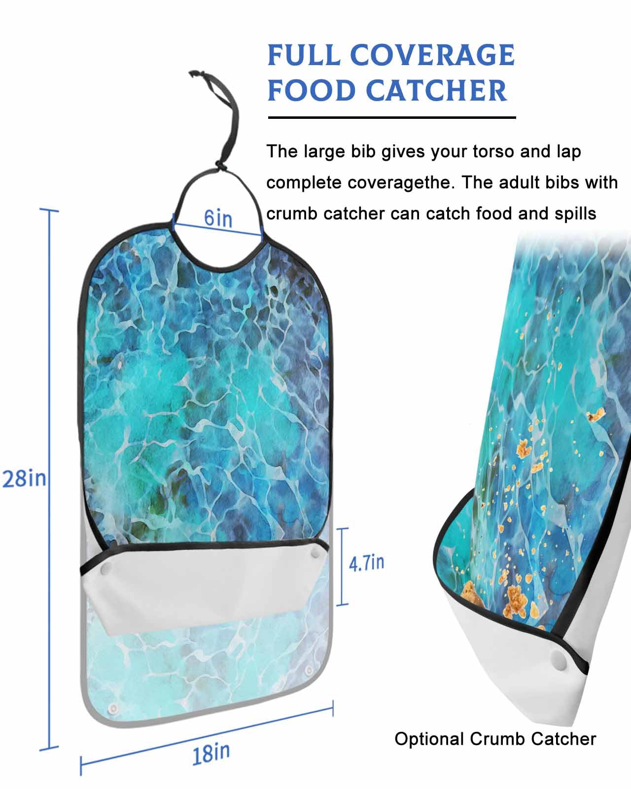 LEOKOTI Blue Waterwave Adult Bibs for Eating, Waterproof Bibs with Food Catcher & Adjustable Snap Closure, Summer Beach Coastal Nautical Washable Clothing Protectors Adult Bibs for Elderly Women/Men