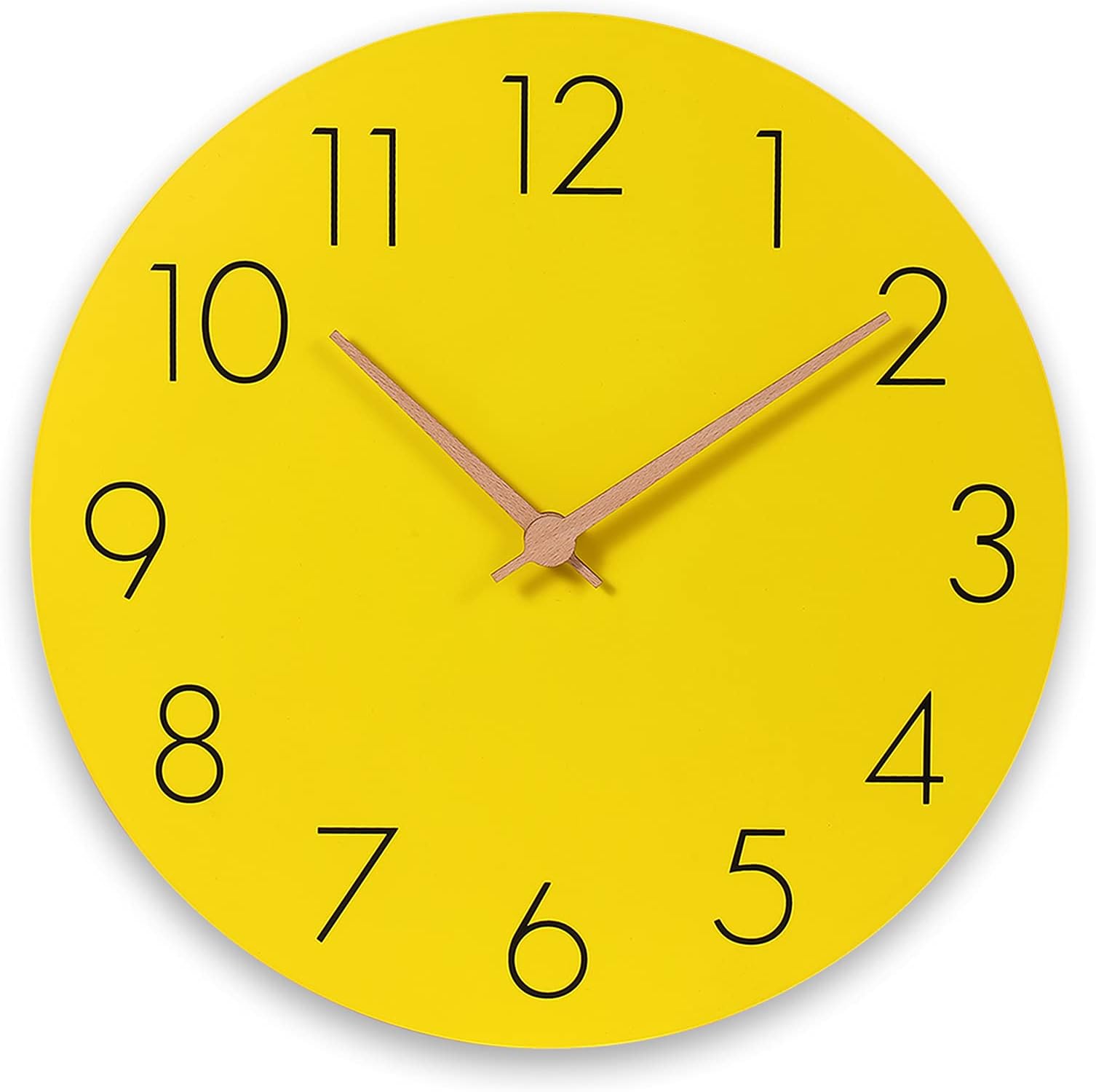 Plumeet 12'' Wooden Wall Clock Frameless Clocks with Silent Quartz Movement - Modern Style Village Wall Clocks Decorative Home Kitchen - Battery Operated (Yellow)