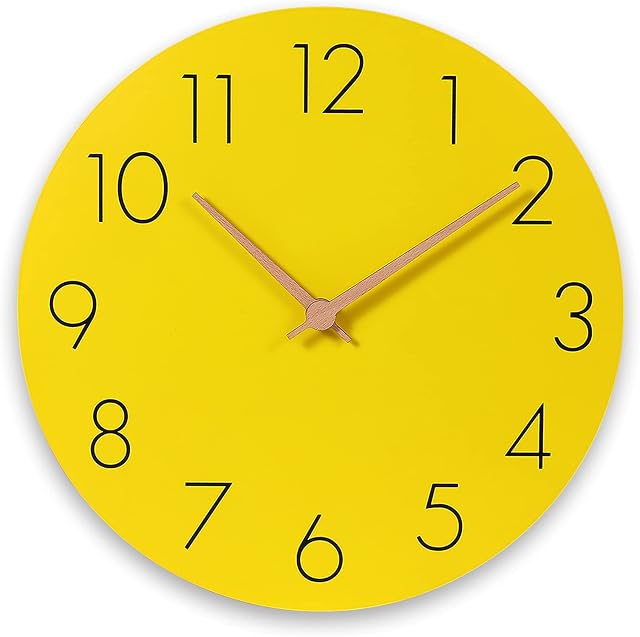 12'' Wooden Wall Clock - Plumeet Frameless Wall Clocks with Silent Quartz Movement - Modern Style White Clocks Decorative Home Kitchen - Battery Operated (12 inch, Yellow)