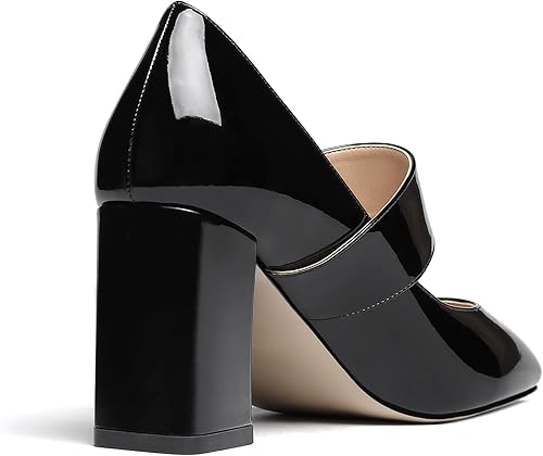 Vista 5 de WAYDERNS Zapatos de tacón alto Mary Jane de charol para mujer, correa ajustable, punta cuadrada, hebilla y tacón alto, 3 pulgadas