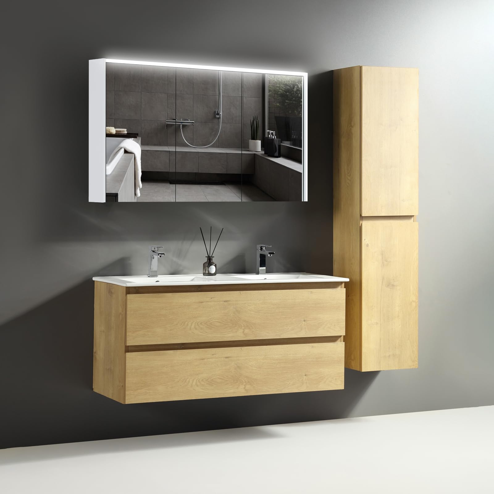 Alpenberger Waschtisch mit Unterschrank 120 cm Breit | Badezimmerschrank Badezimmermöbel Doppelwaschbecken | Waschbeckenunterschrank mit Waschbecken | Doppelwaschtisch (Vivento 120 Eiche Natur)