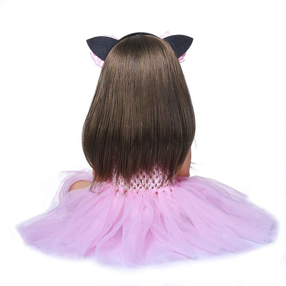 Black Foru Baby Reborn Toddler Baby Dolls Silicone Full Body Girl 22 inch Long Hair Anatomically Correct Waterproof Dolls Reborn Pink Dress Birthday Gift Set for Girls 1