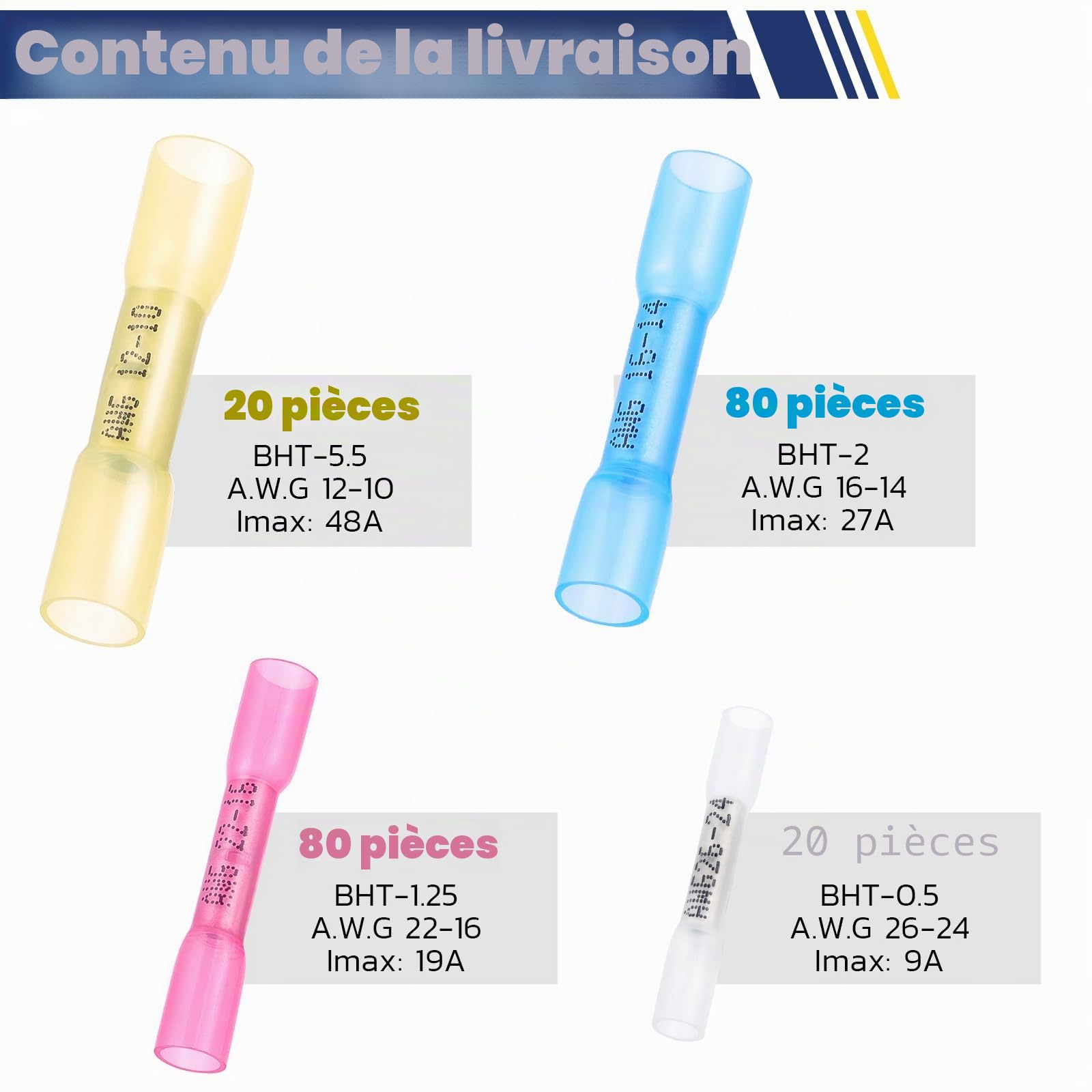 Haisstronica Lot de 200 connecteurs thermorétractables étanches de qualité marine en cuivre rouge étamé isolé pour bateau, camion, stéréo, joint (4 couleurs/4 tailles)