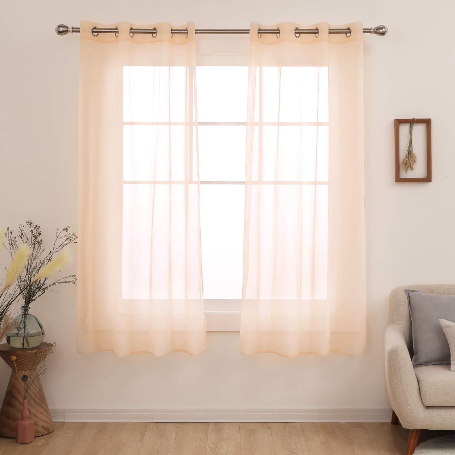 Deconovo Short Sheer Curtains Grommet Voile Drape Tier Curtains for Kitchen Window Peach Pink 2 Panels 52x54 Inch