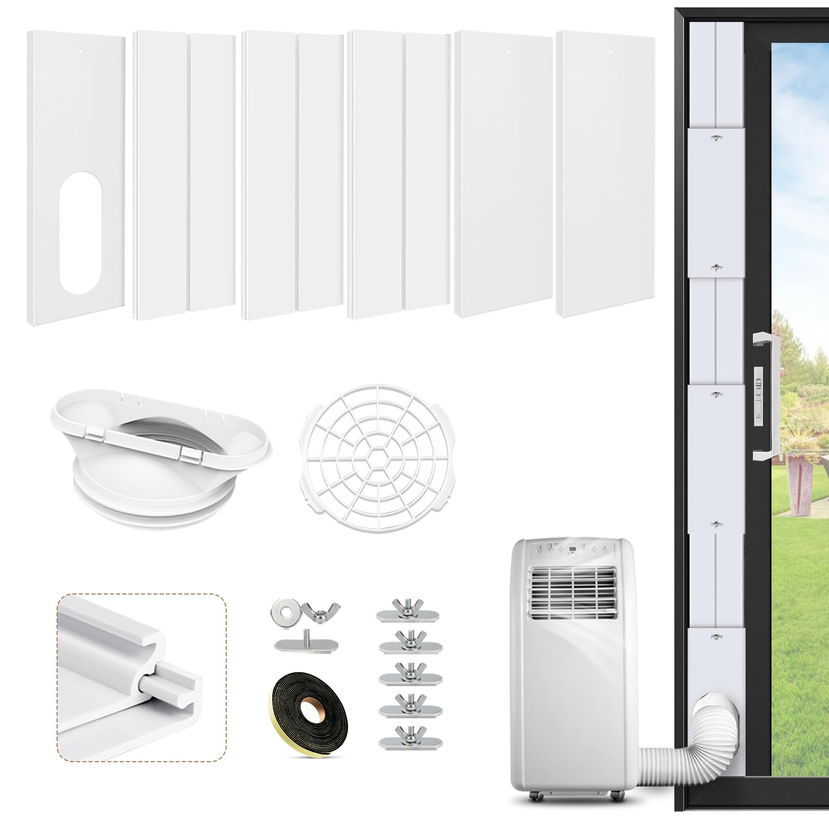 Himoni White Portable Air Conditioner Window Vent Kit With Universal 2-In-1 Coupler For Exhaust Hose 5.1"/5.9" Diameter, Adjustable Length 17-95" Seal Plates Included