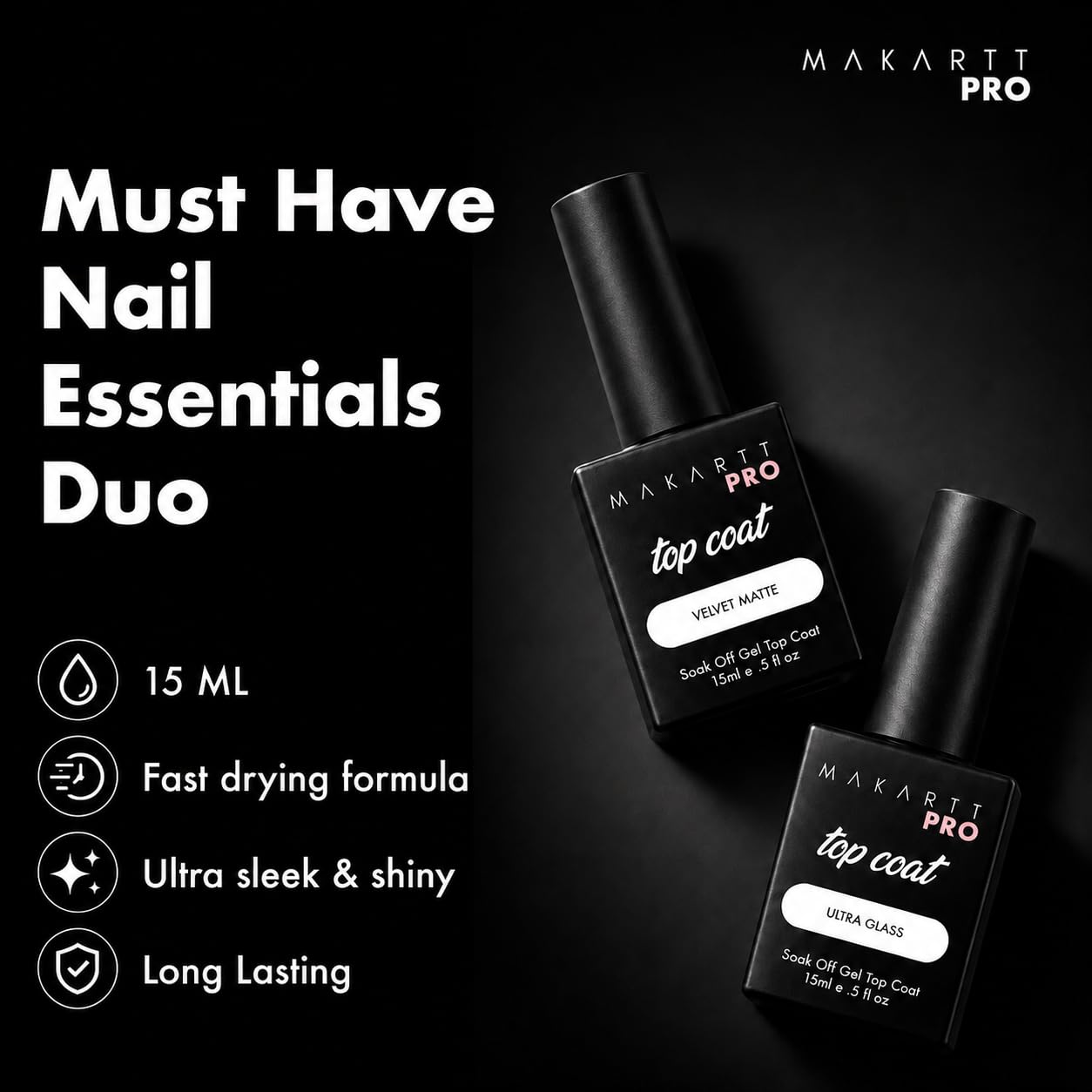 MakarttPro Professional Gel Top Coat Set, 15ML x 2 PCS – Ultra Glass High Gloss & Velvet Matte Finish, Long-Lasting, Non-Yellowing, Soak Off UV LED Gel Top Coat for Nail Techs & Artists