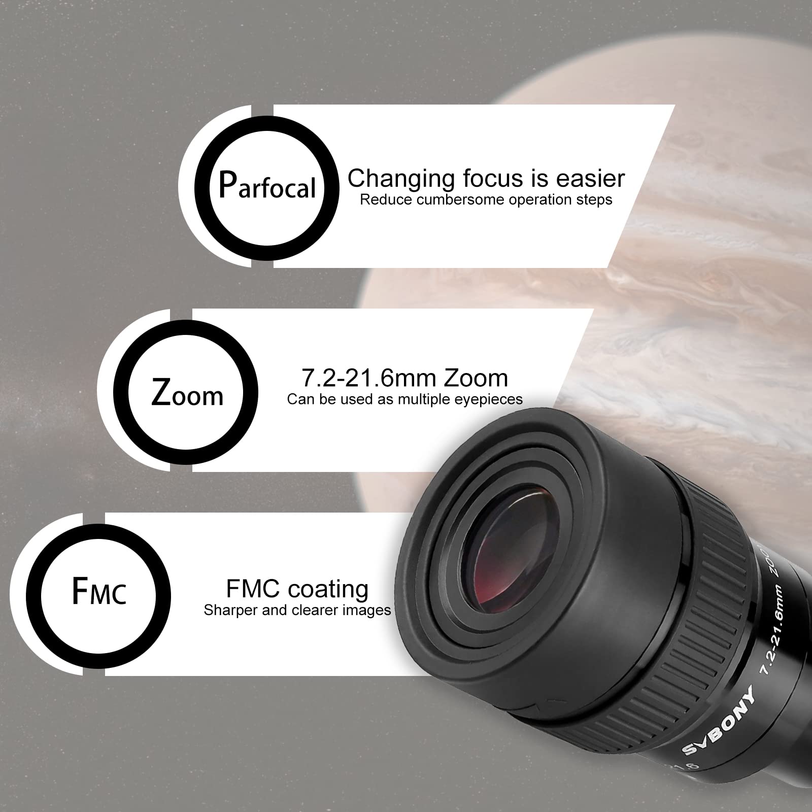 Svbony SV191 Télescope Oculaire Zoom 7.2-21.6mm 1.25 pouces Super Grand Angle Astronomique