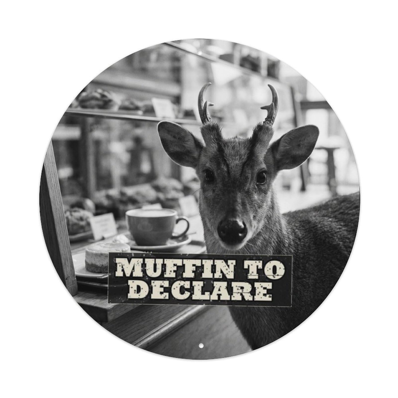Wildlife Muntjac Coffee Pastry Case Quirky Animal Retro Comedy Metal Tin Sign Plaque Wall Decor for Cafe, Man Cave, Club Bar, Office, Home Garden Round Metal Poster 8x8Inch
