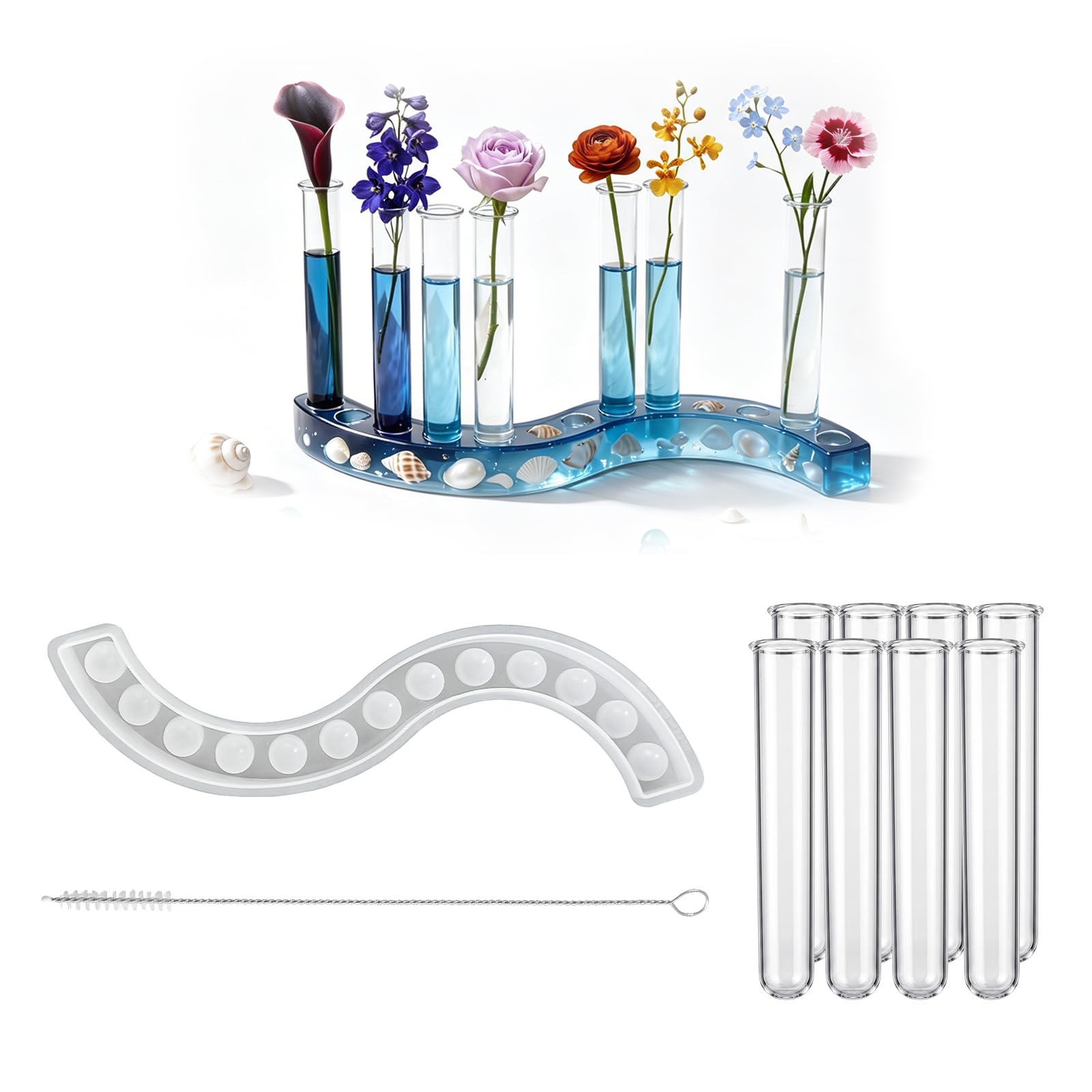 Vase-Epoxidharz-Formen, Silikonformen, Gießformen mit 8 Reagenzgläsern und Topfbürste, S-förmige Silikonform, Blumenhalter-Gießformen, Silikon-Vase DIY handgemachte Geschenke Epoxidharz-Silikonformen