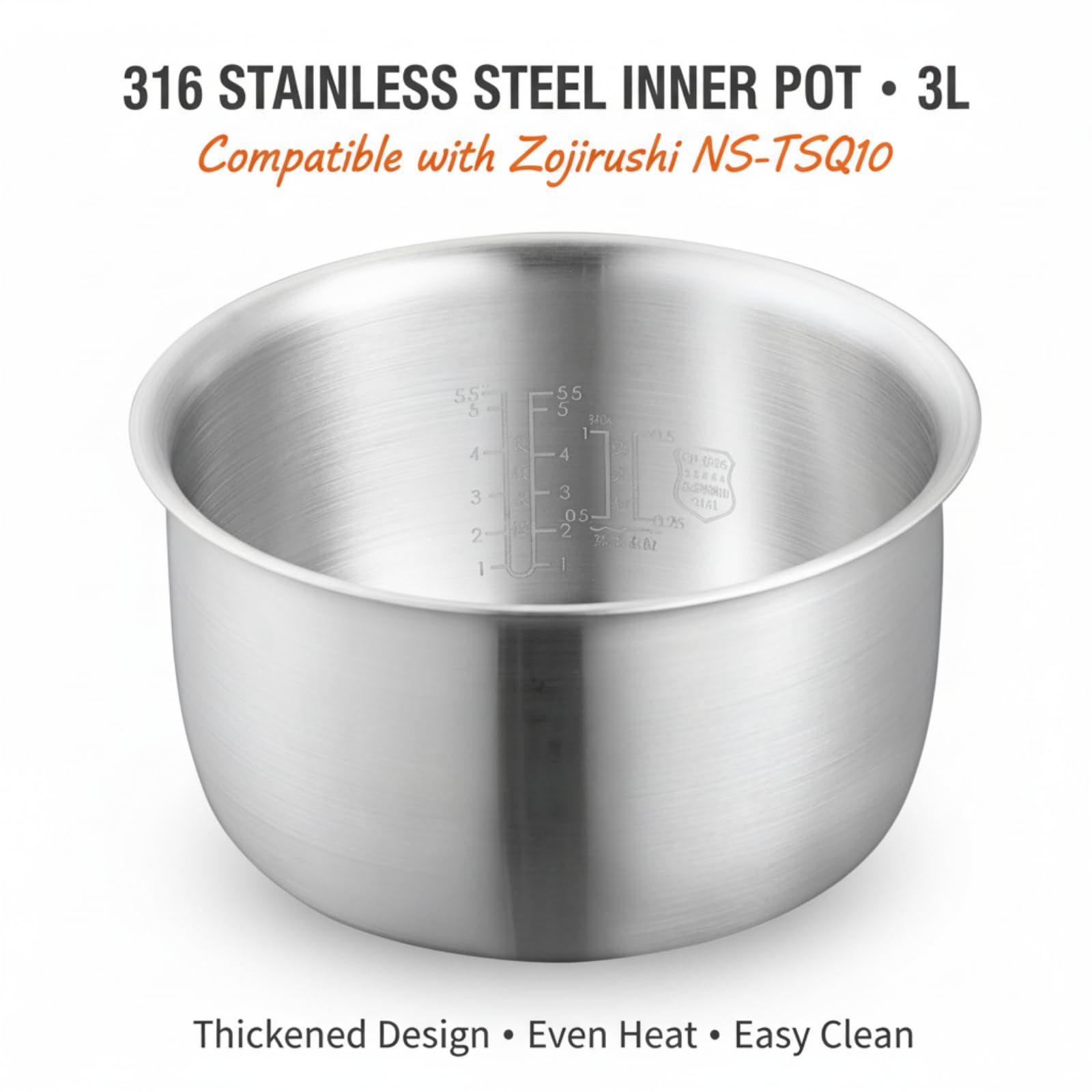 Pot intérieur en acier inoxydable 316 3L compatible avec cuiseur à riz Zojirushi NS-TSQ10, bol de rechange pour B362/B366, insert épais en une seule pièce avec chaleur uniforme et performance de