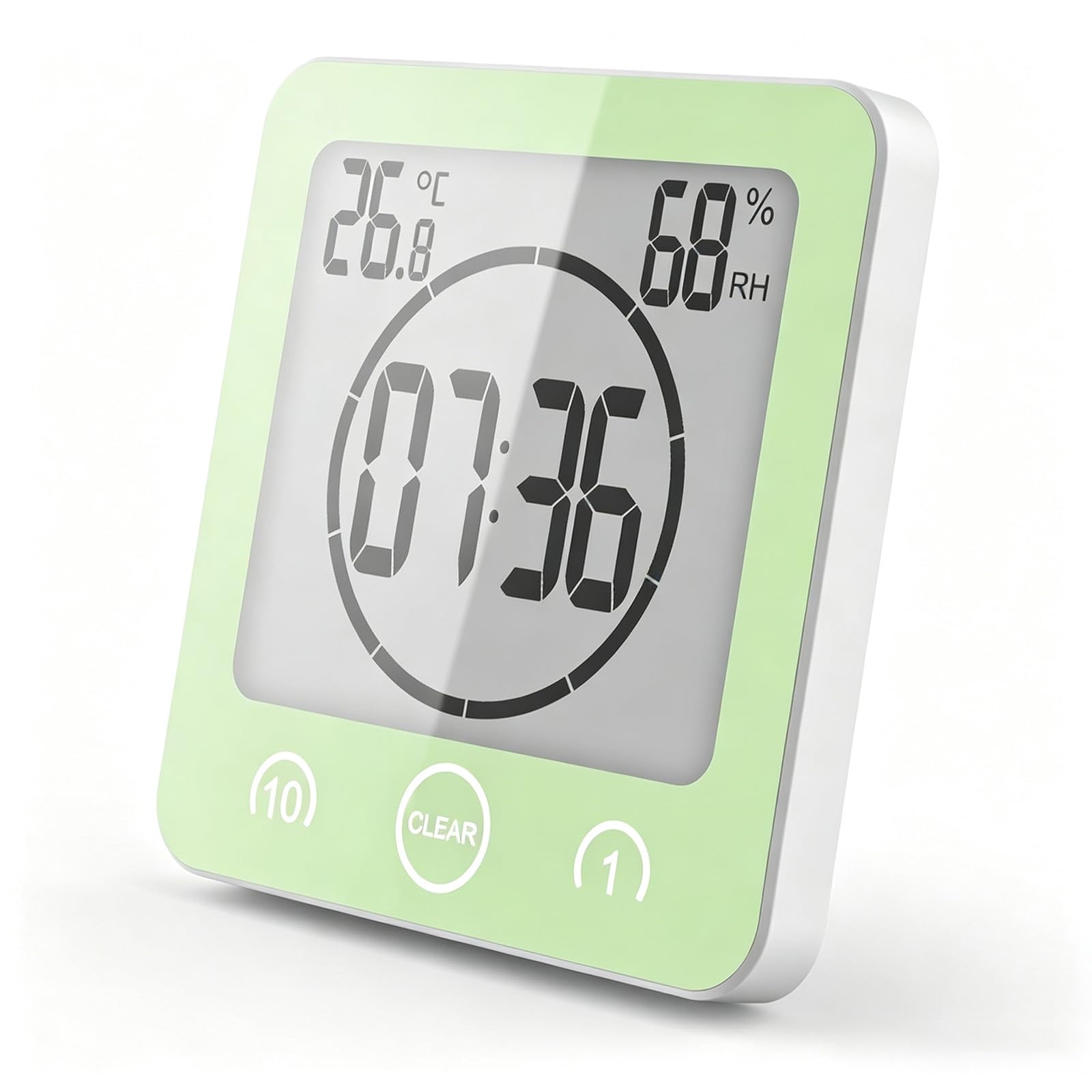 FXxswey LCD Digital Shower Clock, Bathroom Clock with Timer Temperature Humidity Waterproof Wall Suction Cup Hole Stand Kitchen Timer (Green)
