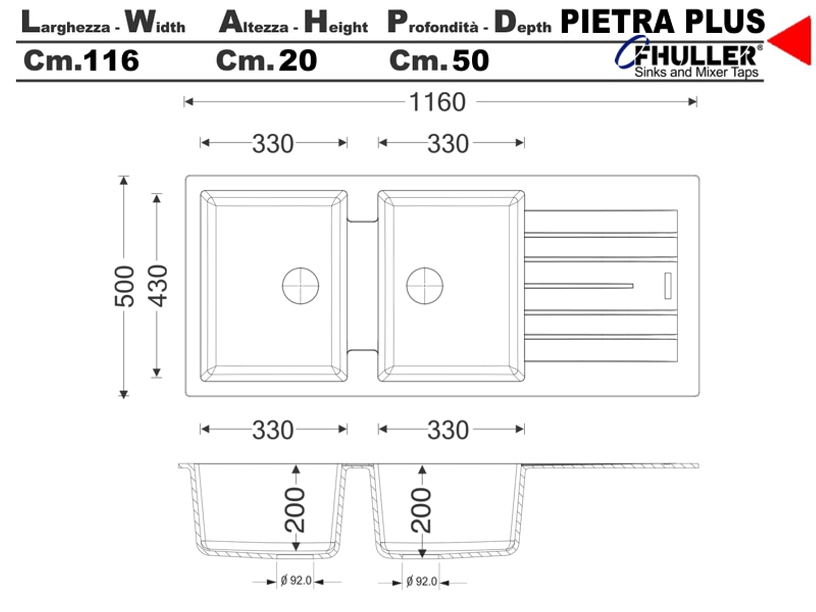 PTPL1162GB Lavello da Incasso, 116x50 cm, 2 Vasche con Gocciolatoio, Granito Nero, Serie Pietra Plus